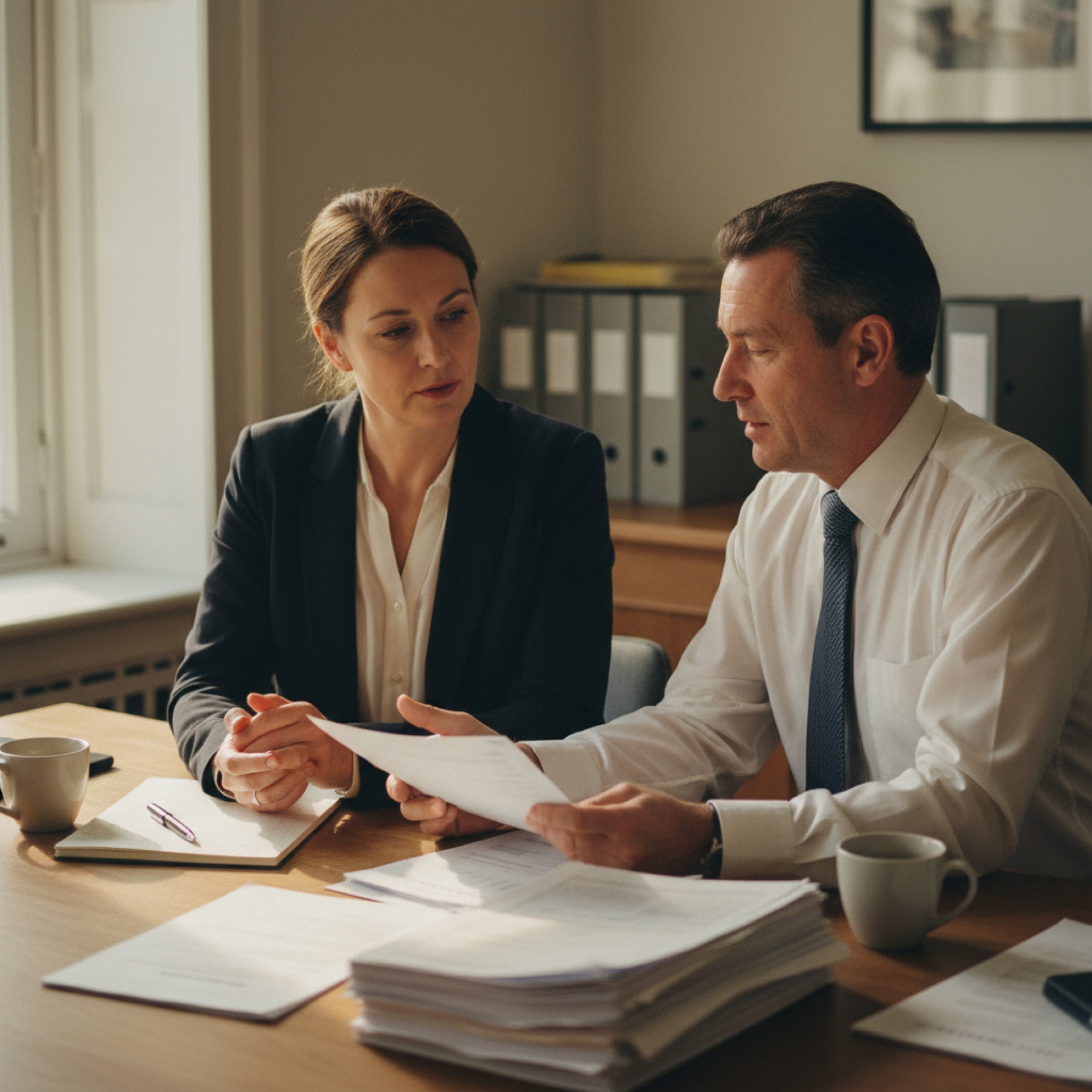 A services-firm owner and her insurance broker reviewing a printed policy and a notepad of questions at a desk over tea