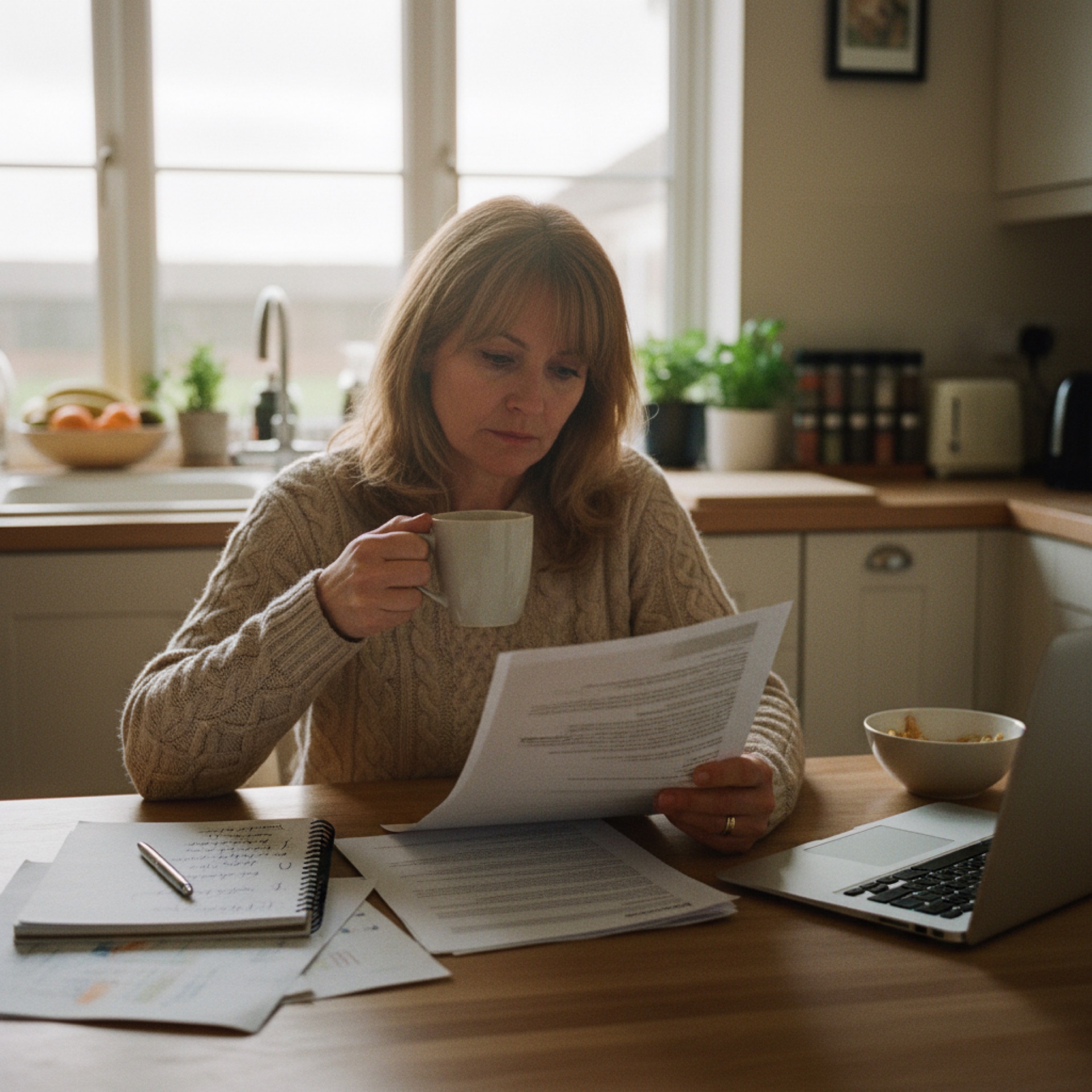 A woman at her kitchen table reading a printed regulatory document with a coffee in her hand, a marked-up notepad to one side and a closed laptop to the other