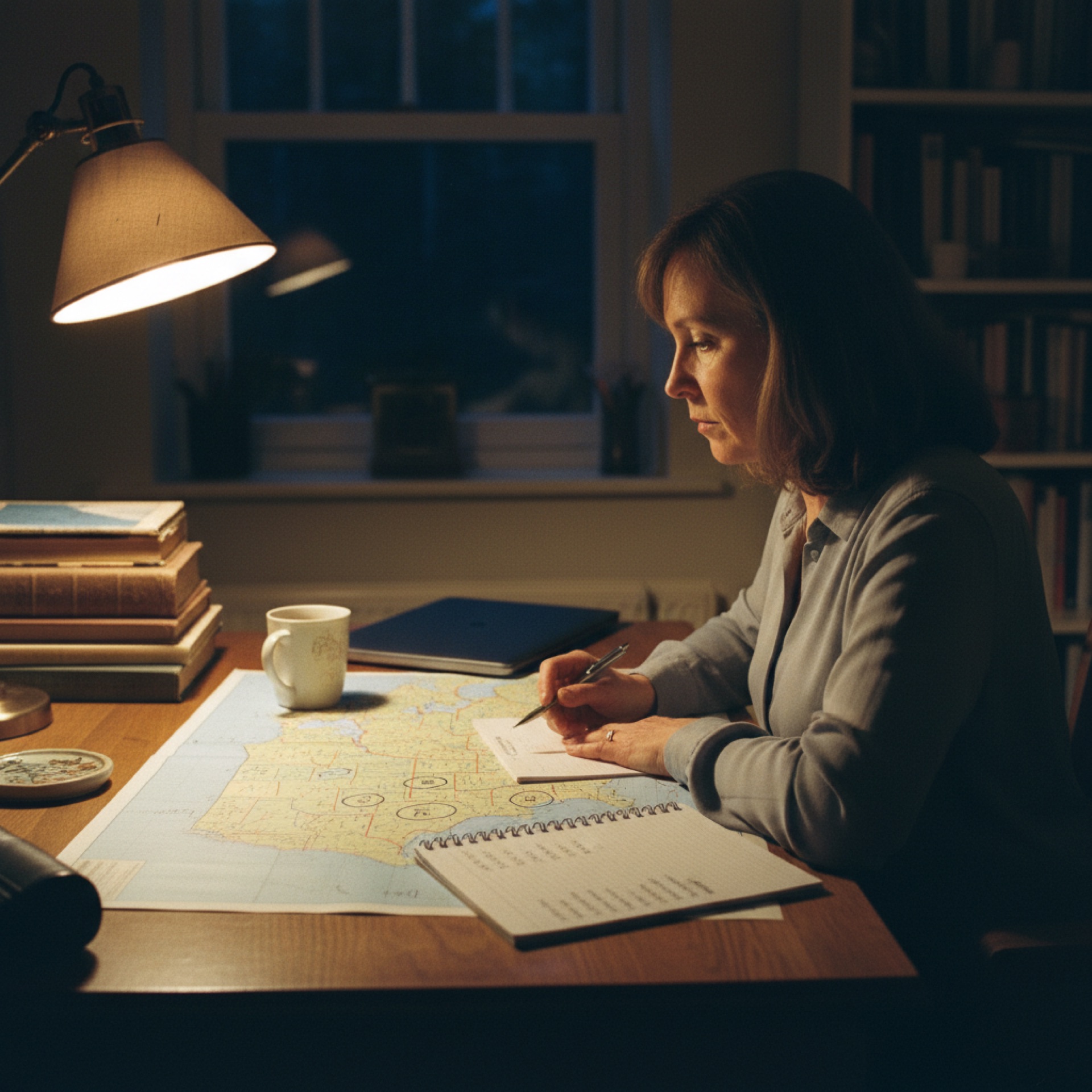 A woman at a home study desk in the evening with a printed US map beside her, several states circled in pencil, a notebook and a laptop in front of her