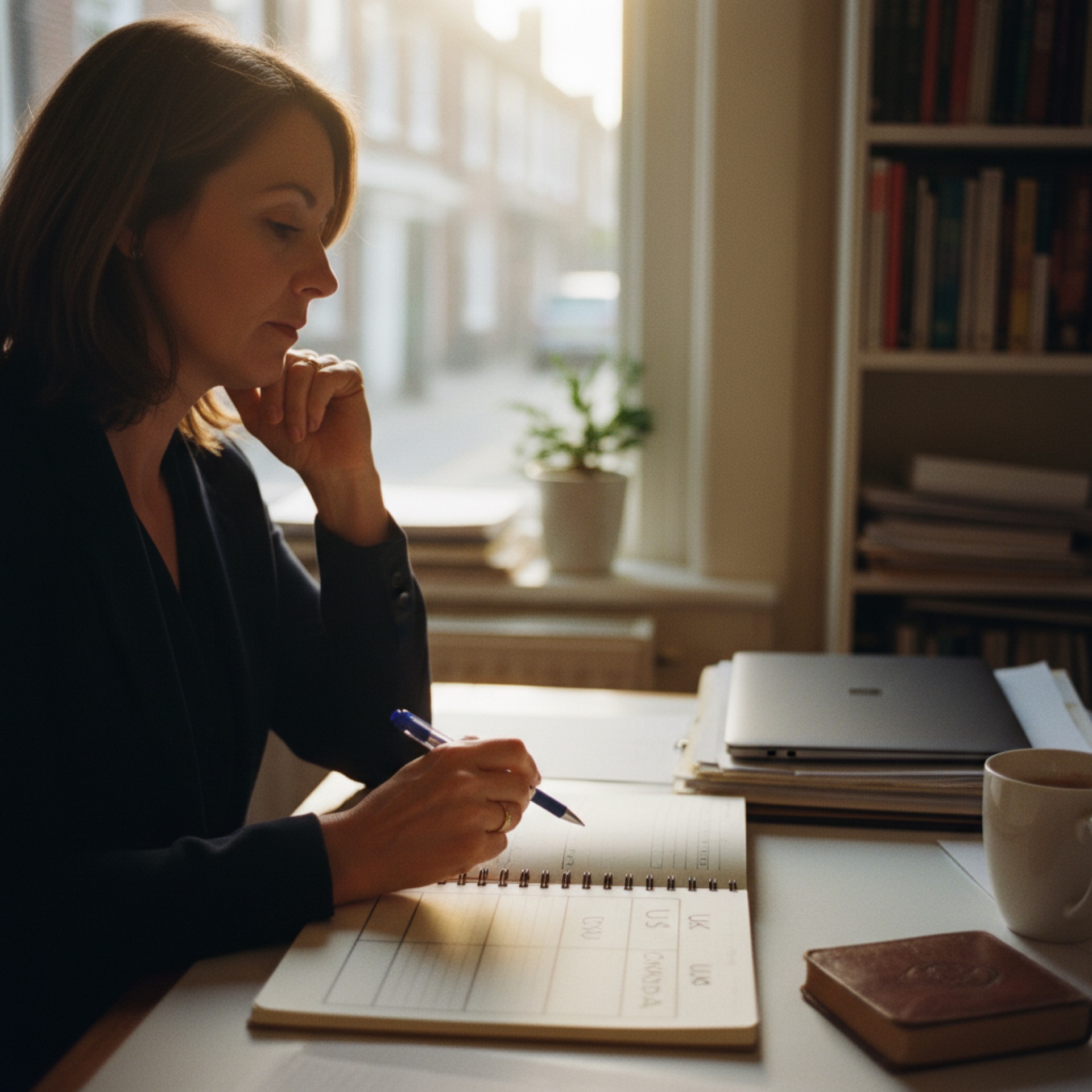 A woman at her office desk in late afternoon writing in a notebook with four hand-drawn columns labelled UK, EU, US, Canada, a closed laptop and a half-drunk mug of tea to one side