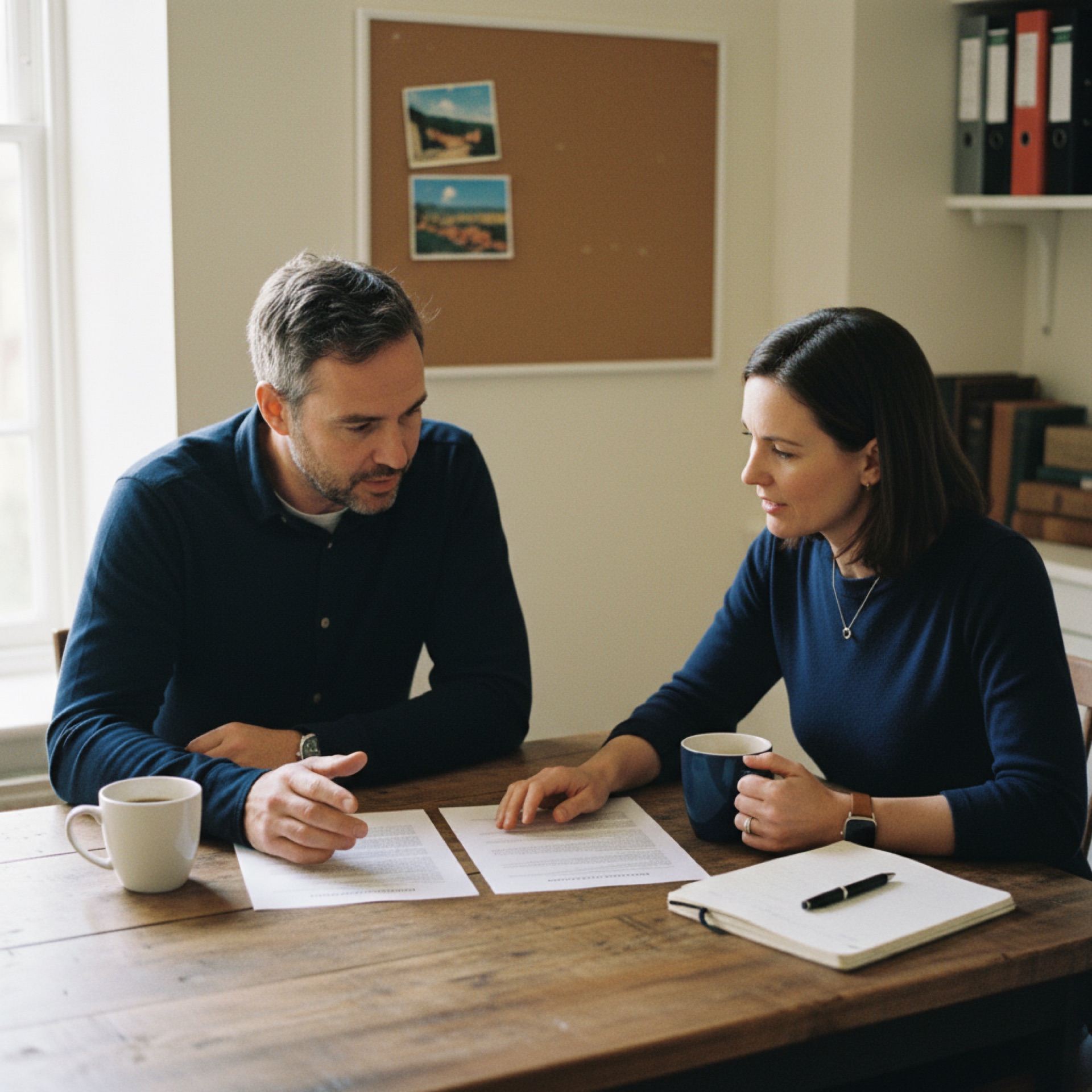 A founder and an operations lead at a meeting table with a printed two-page draft between them, two coffee mugs and a notebook, mid-conversation