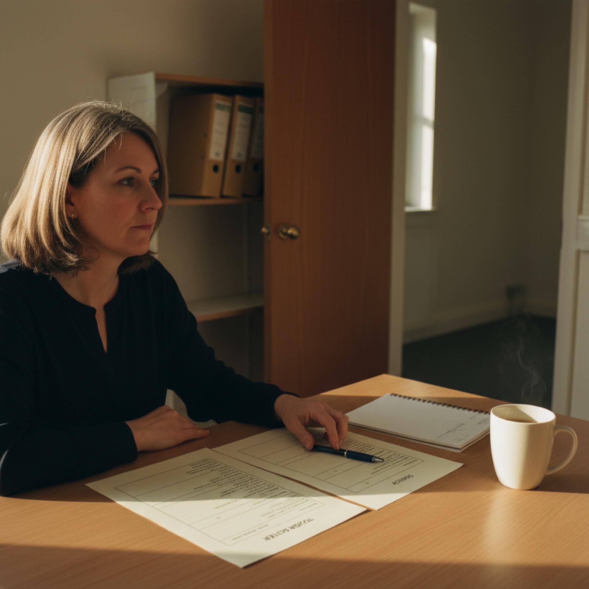 An owner at her desk with two printed documents in front of her, a tools register and a policy, a pen resting on the page and a mug of tea nearby