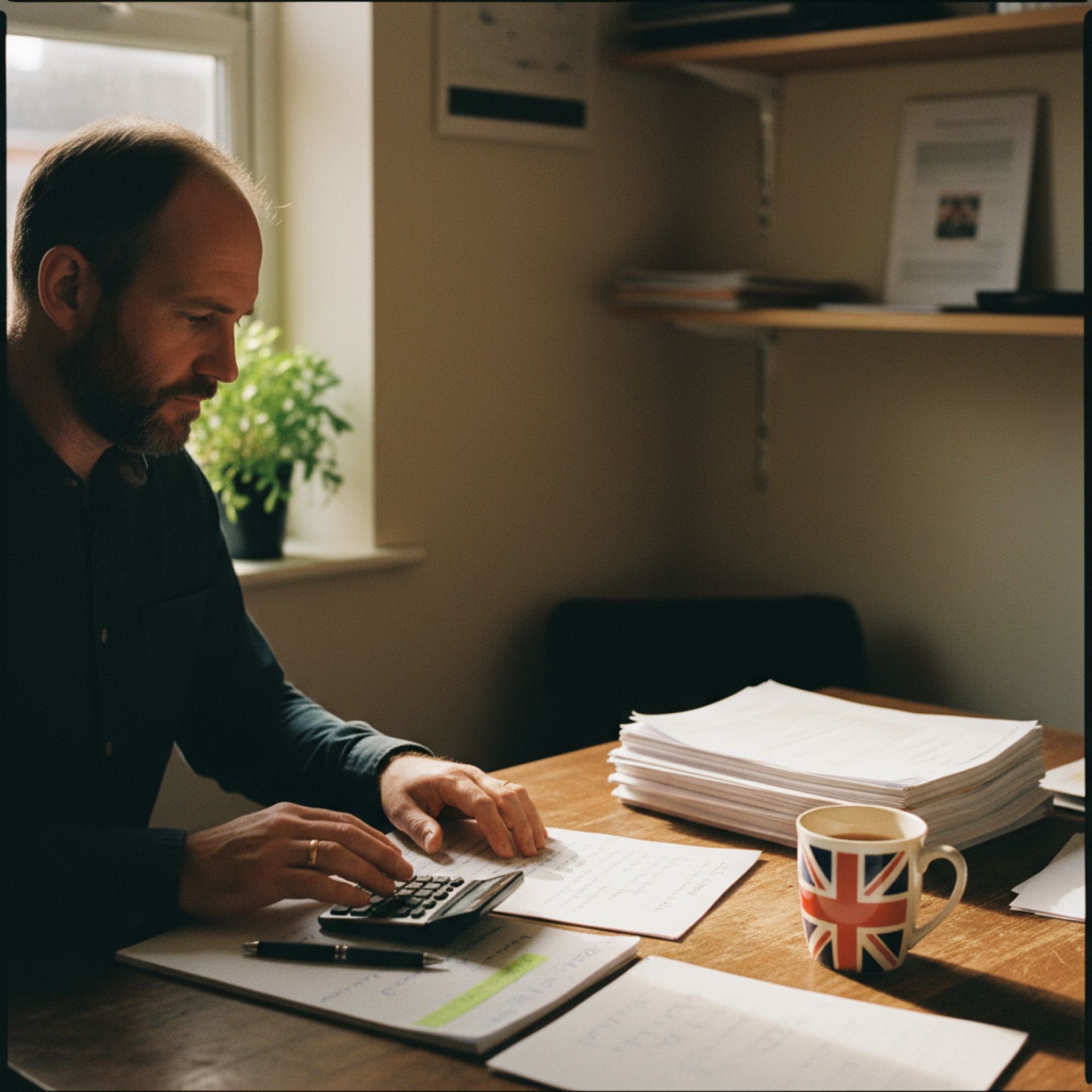 A small business owner at an office desk comparing two printed proposals, a laptop with a calculator open beside them, holding a pen