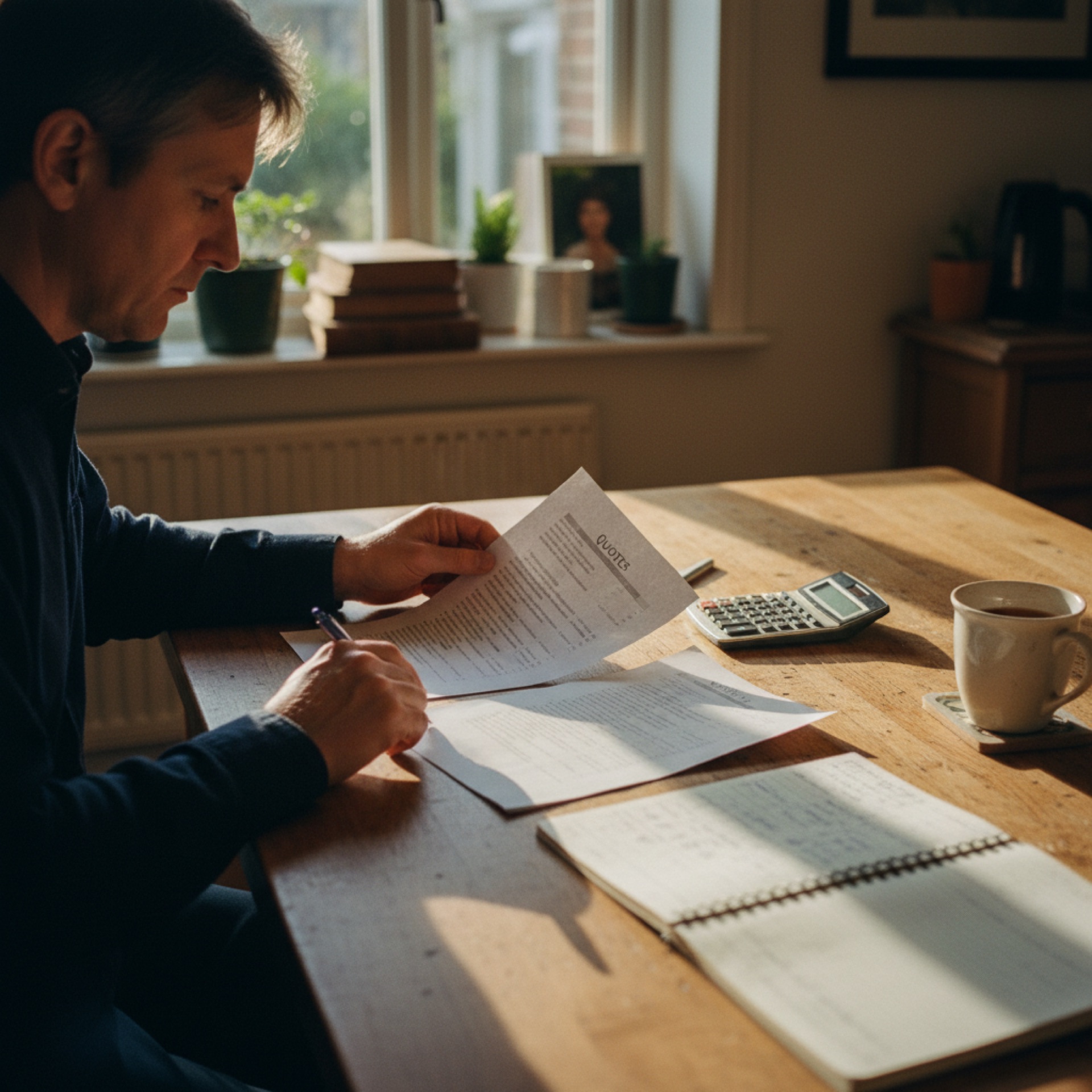 A woman in her forties sitting at a kitchen table comparing two printed software quotes, with a notebook and a mug of coffee beside her