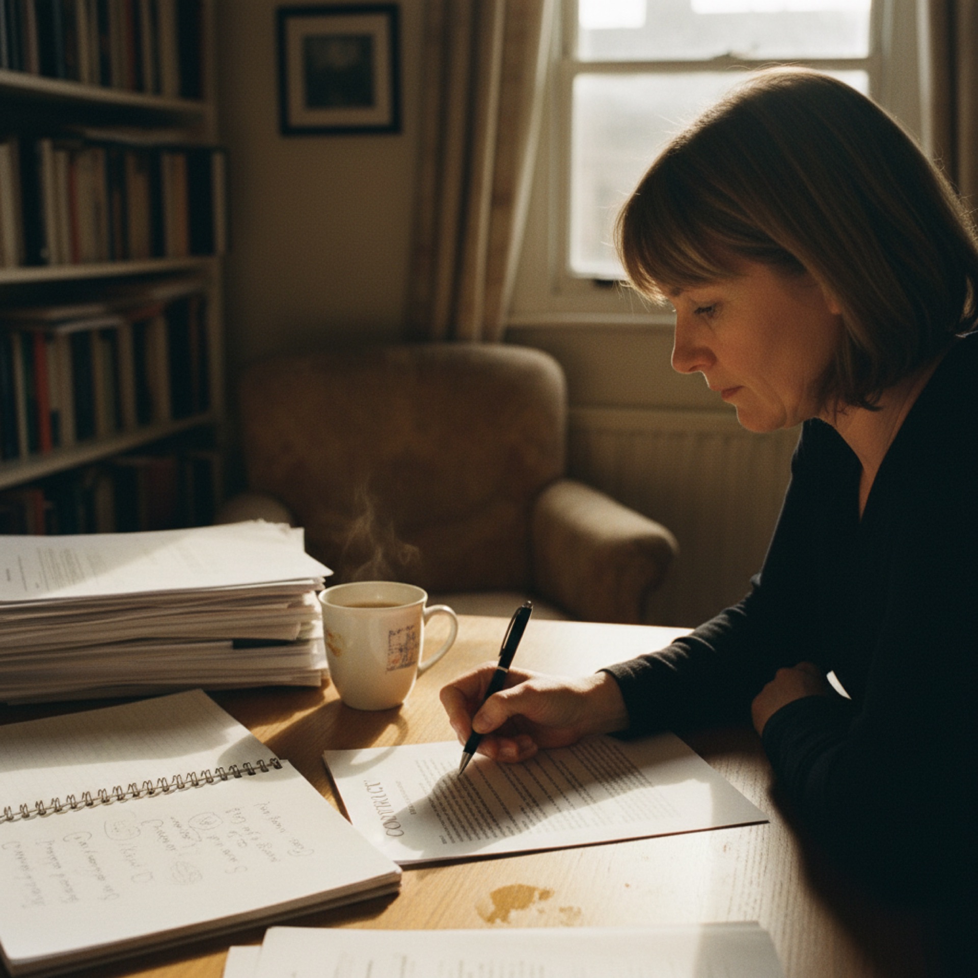 A business owner at a desk reading a printed contract with a pen in hand, laptop to one side.