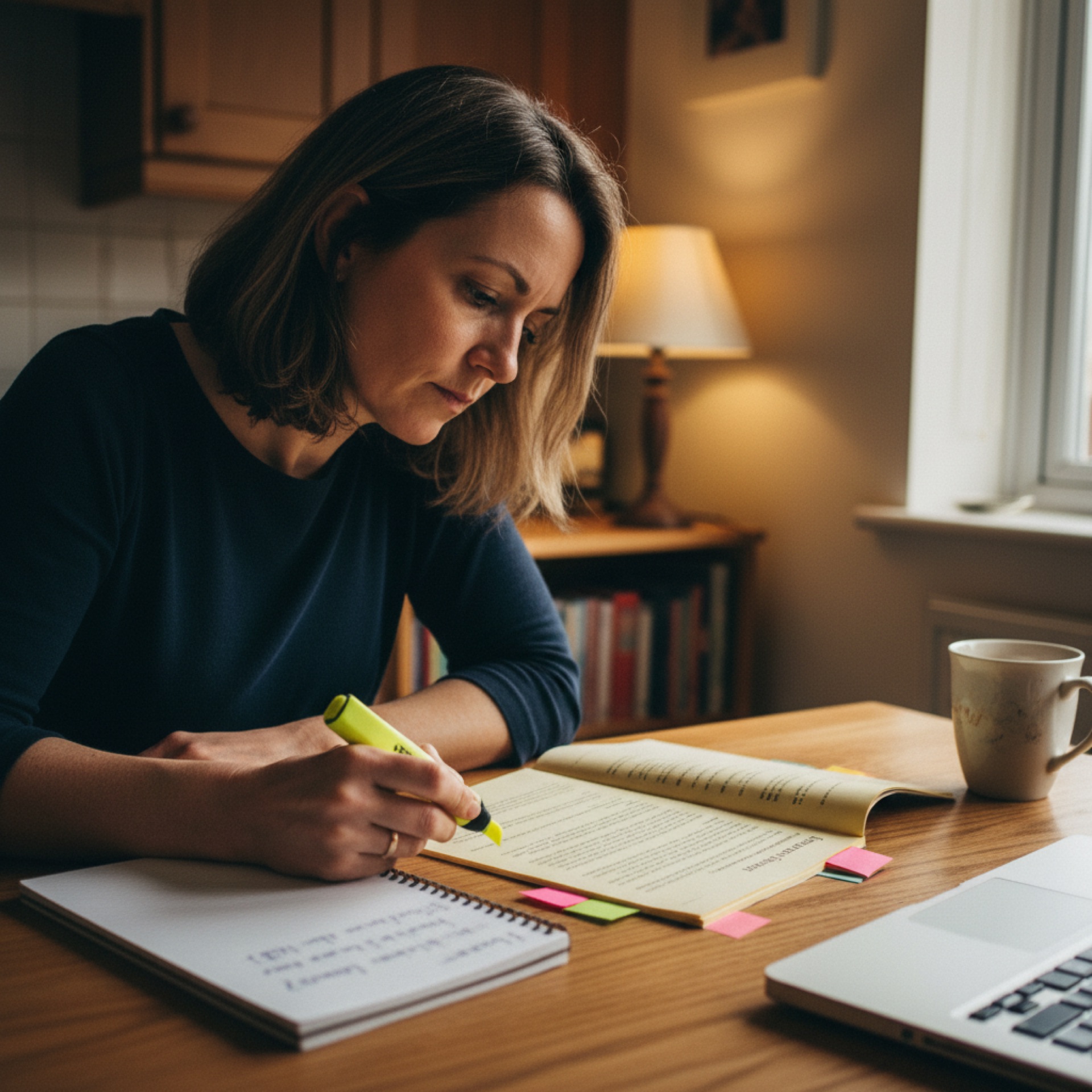 An owner sitting at a kitchen table in early evening, a printed vendor contract open in front of her with a highlighter in her hand and sticky tabs on four pages, a notepad with handwritten questions to her left, leaning over the