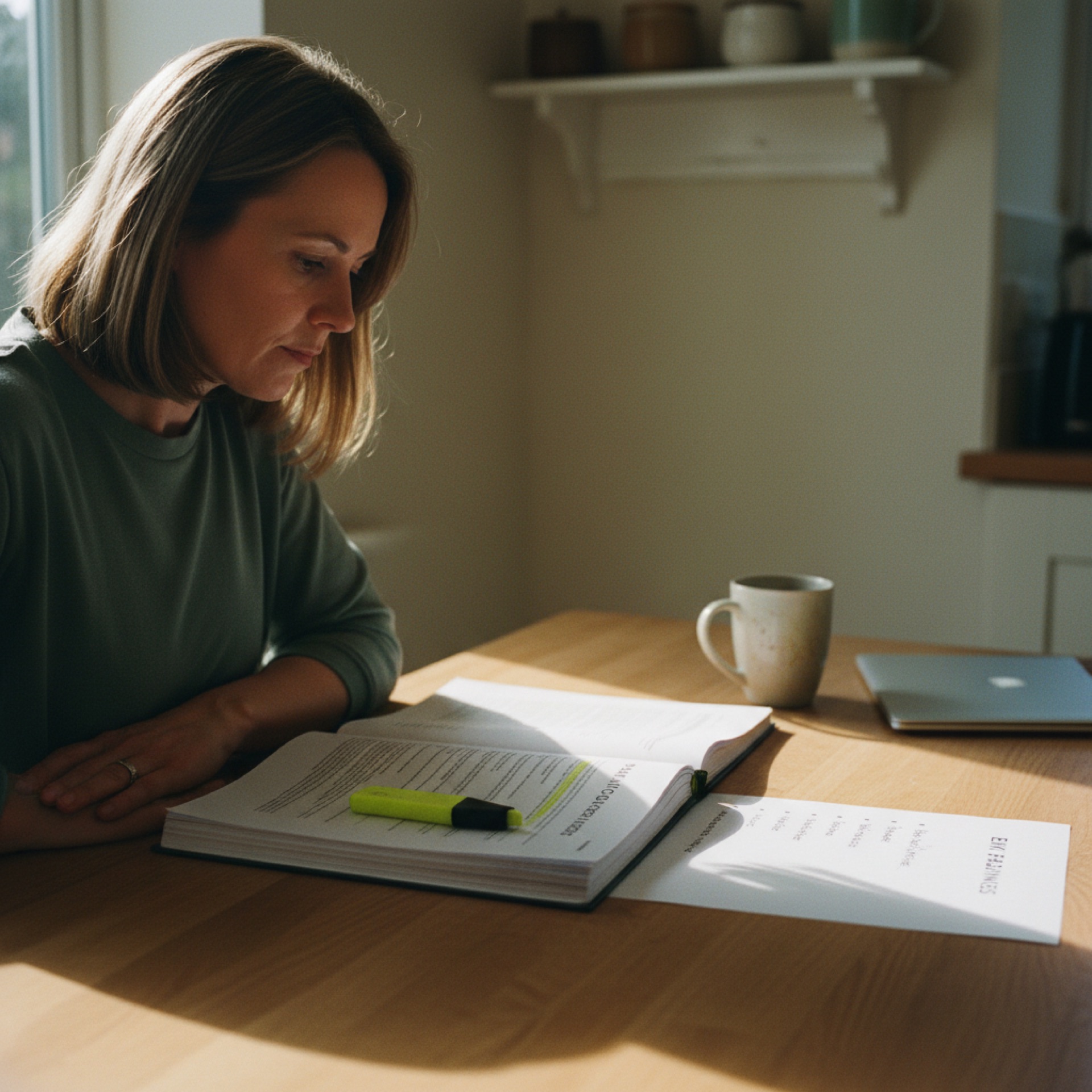 An owner sitting at a kitchen table on a Sunday afternoon, a printed vendor contract open in front of her with a yellow highlighter on the page and a one-page handwritten exit-readiness note on a separate sheet to her right, a