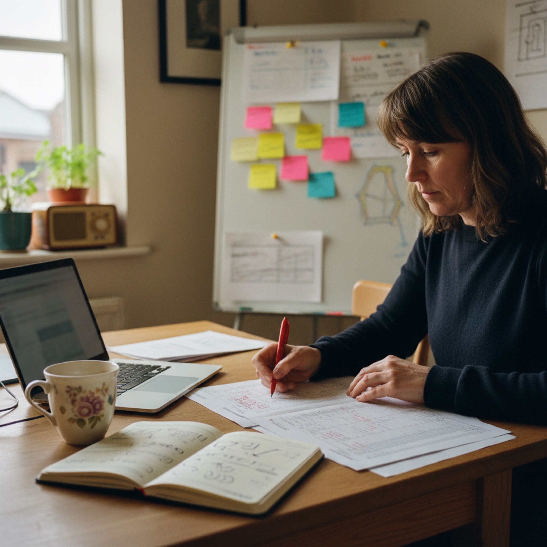 An owner at a kitchen table with a laptop, a printed customer list covered in pen marks, and a notebook with arrows and circles