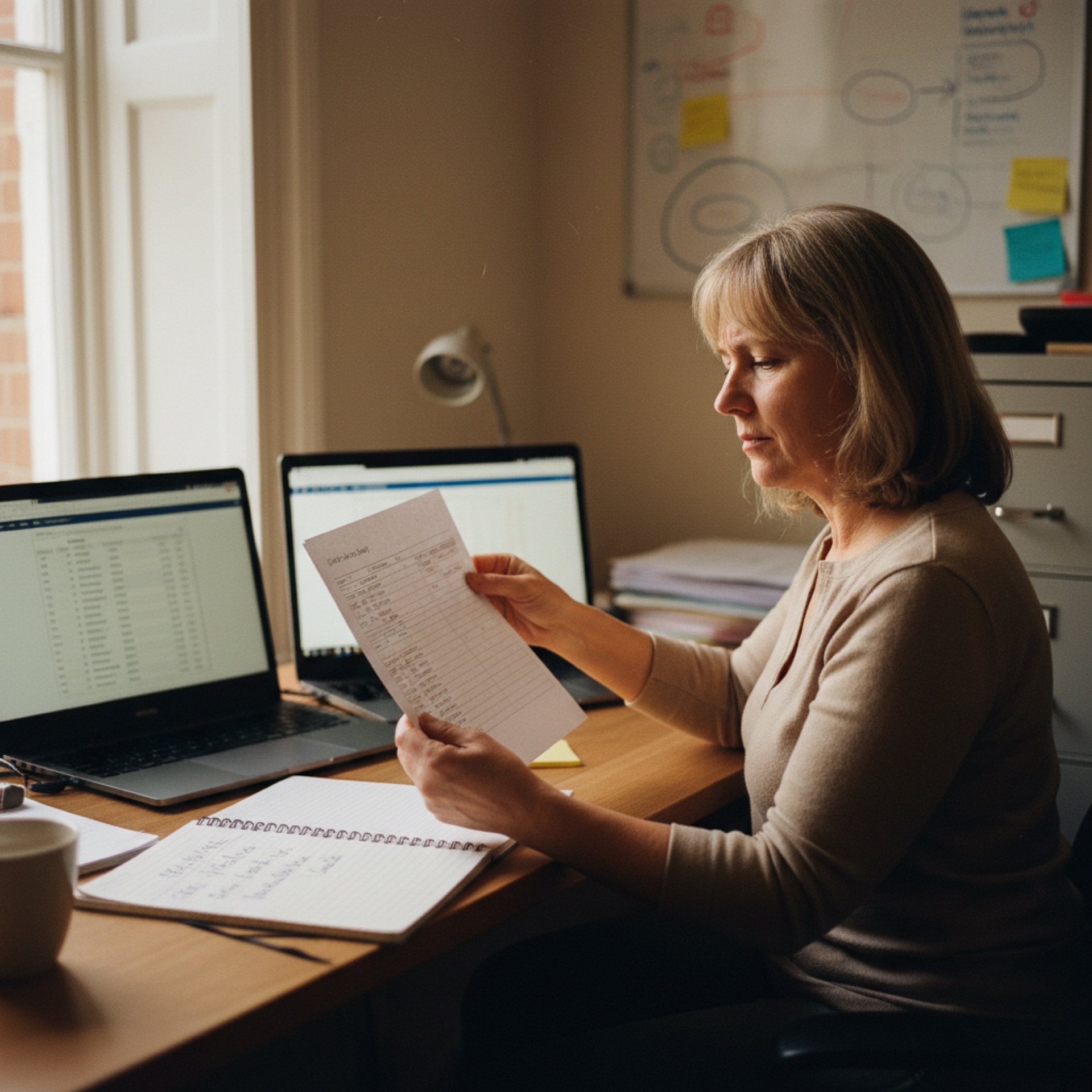 An SME owner at a desk comparing two laptop screens showing the same customer recorded differently in CRM and accounting systems