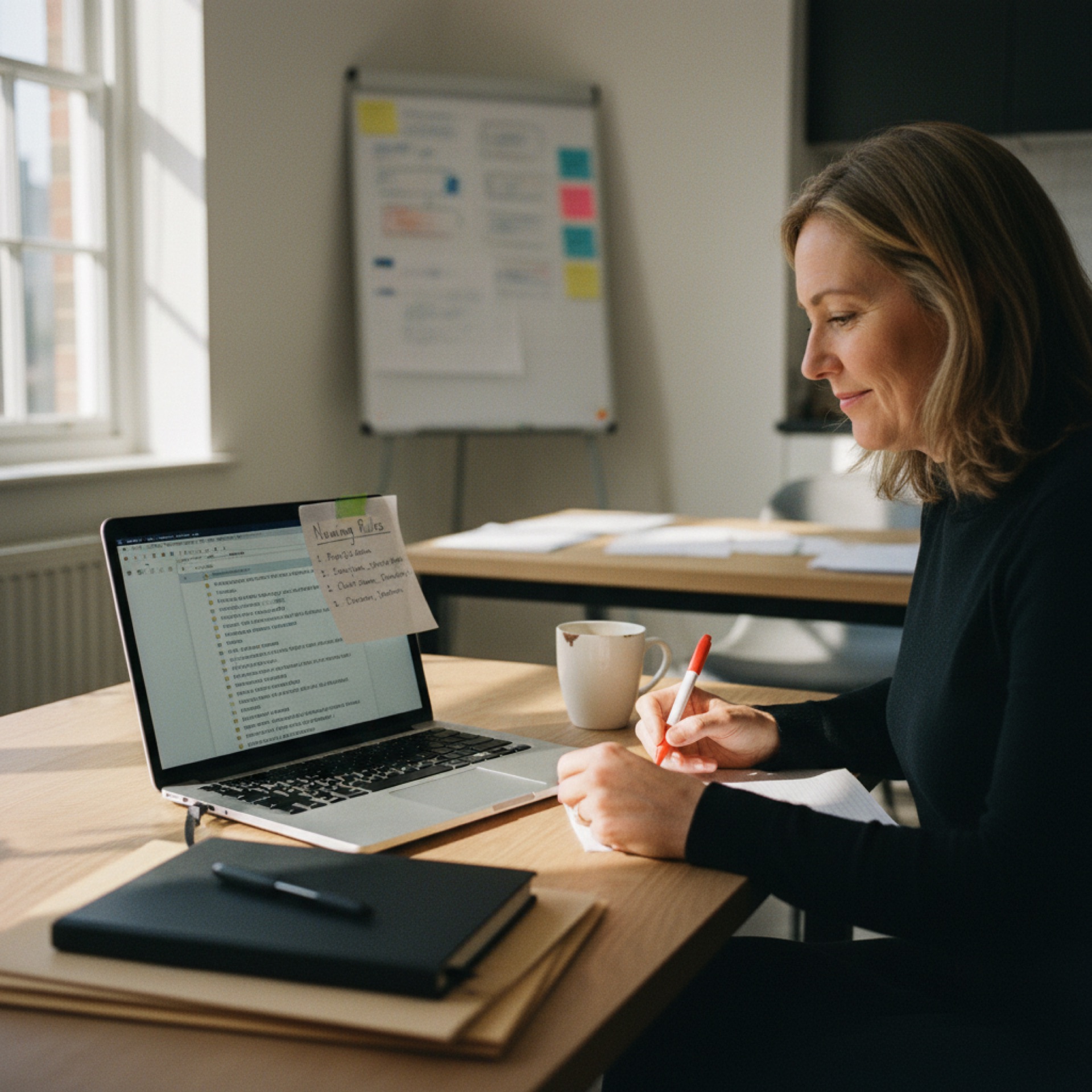 A woman at a desk reviewing a shared-drive folder structure on her laptop with a printed checklist beside her