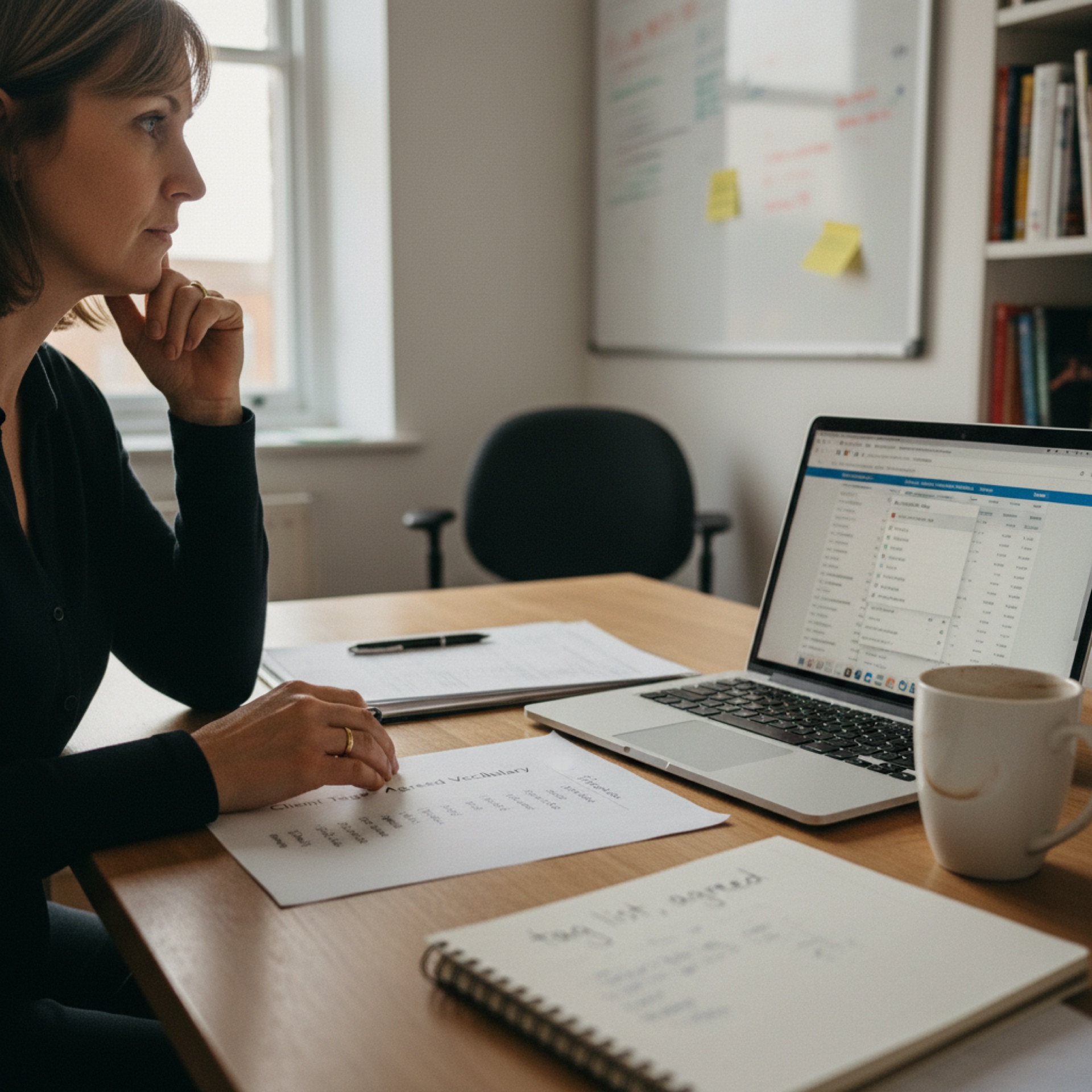 A small business owner at a desk reviewing a printed sheet of tag categories alongside a CRM contact list on a laptop