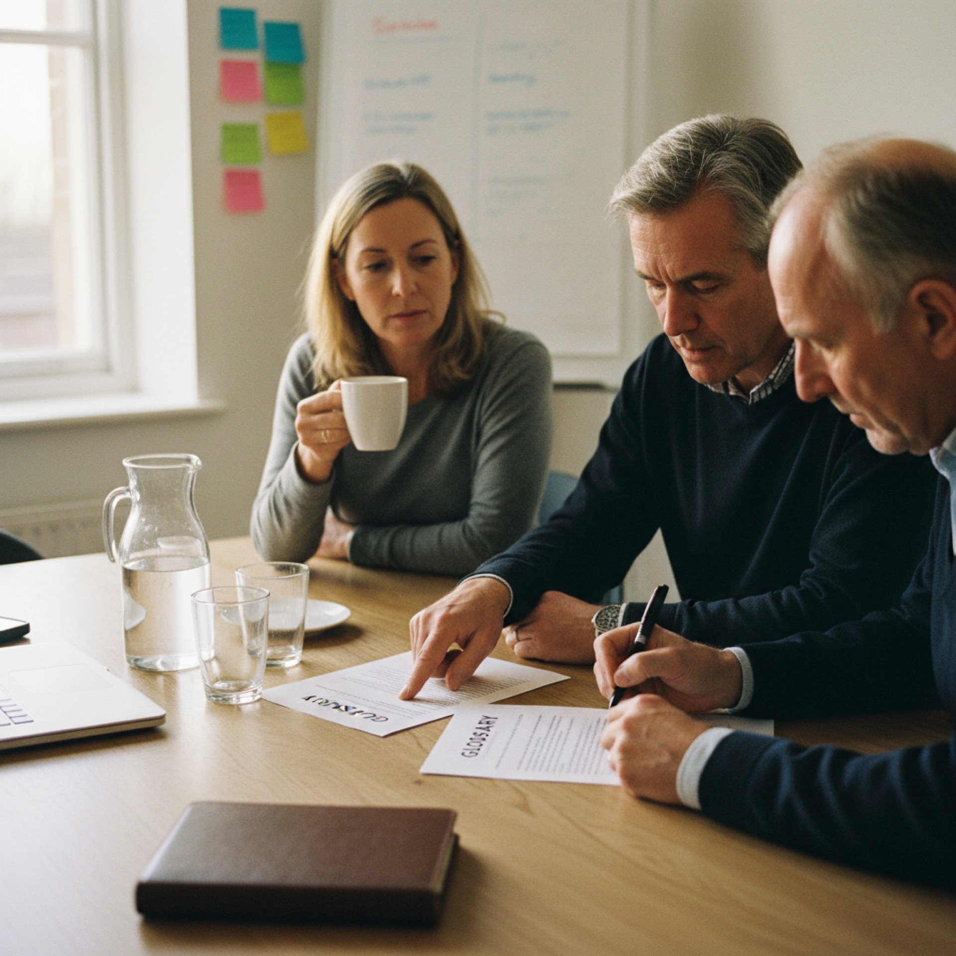 A small business owner and two senior colleagues around a meeting table, a printed glossary sheet in the centre, one writing on it with a pen, another pointing at a line