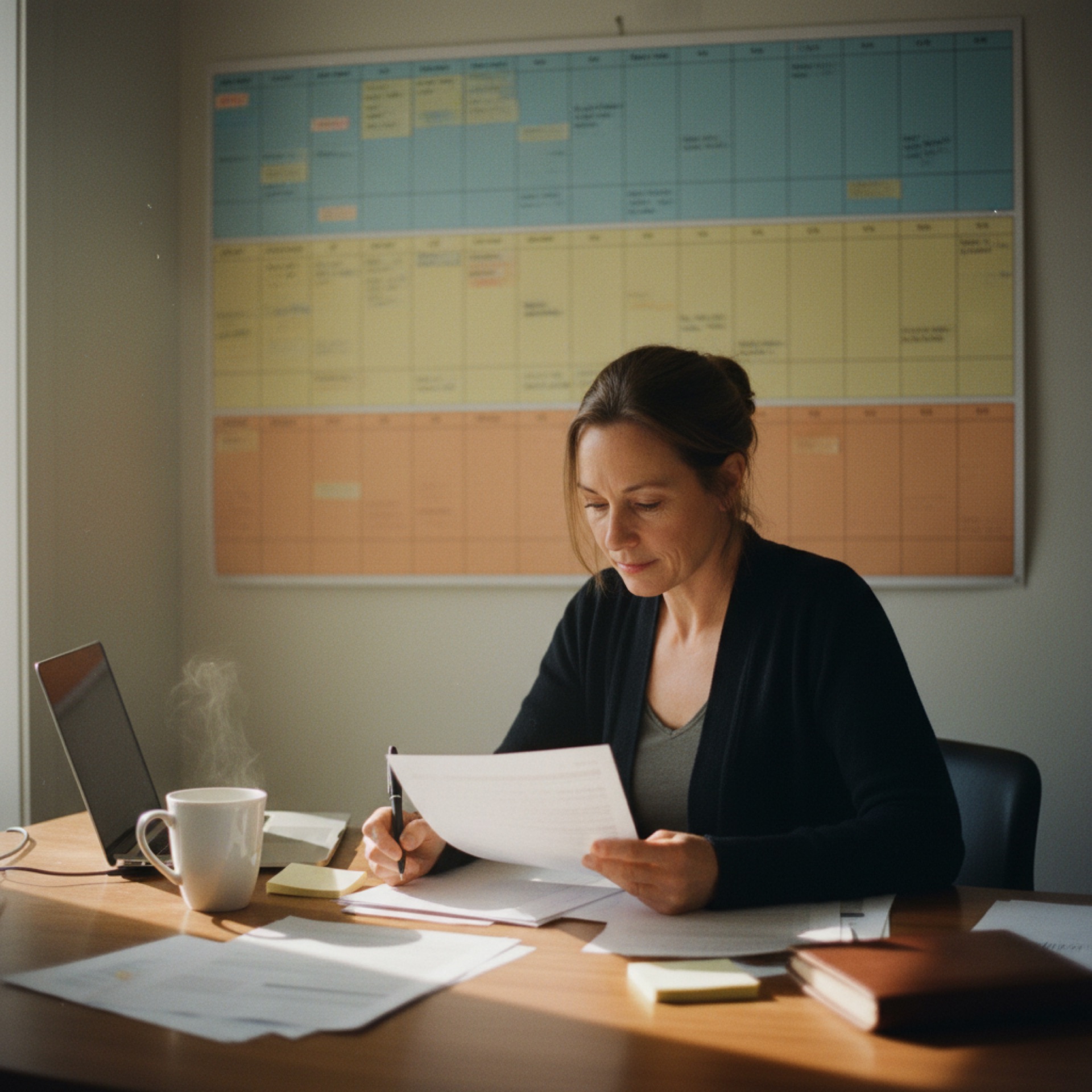 A founder at a desk with a one-page plan in her hand, checking items off, with a three-block wall planner behind her