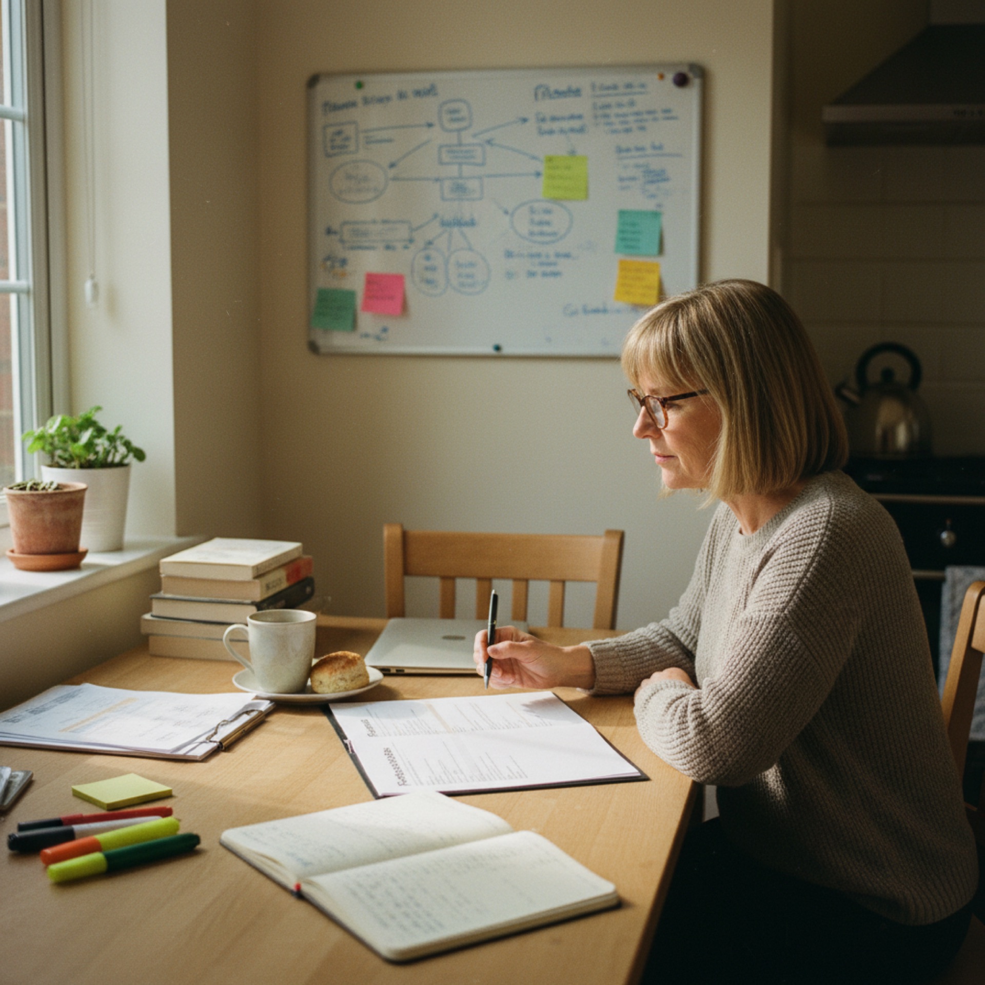 A woman in her fifties at a kitchen table reading a printed proposal document, pen in hand, with two other proposals beside her and a mug of tea.