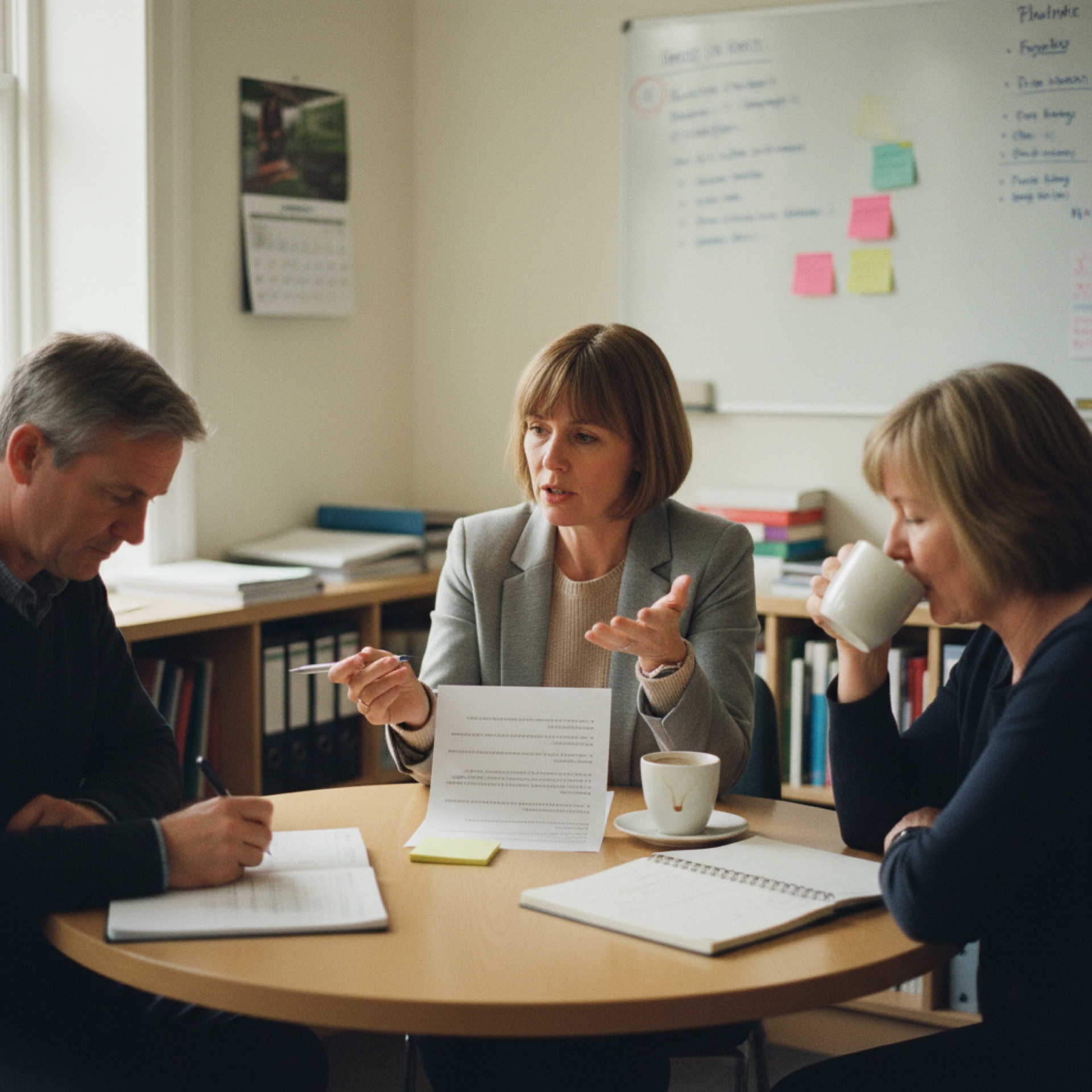 An owner and two colleagues at a small meeting table with a printed sheet of questions, a coffee cup and an open notebook, mid-conversation