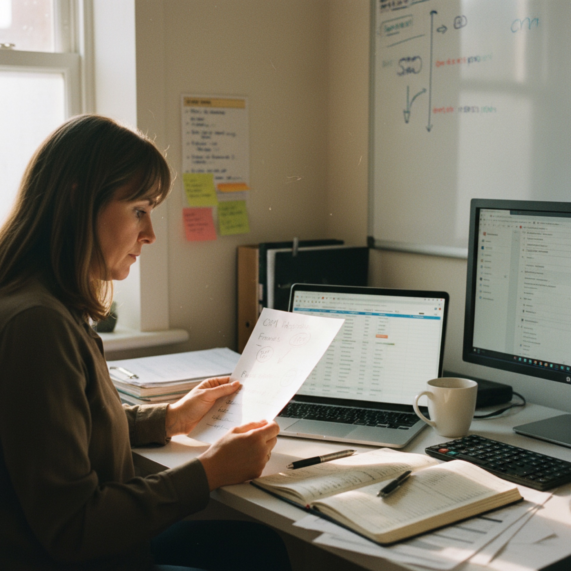 An SME owner at a desk reviewing a thirty-seven tab operations spreadsheet alongside a half-configured new system on a second screen