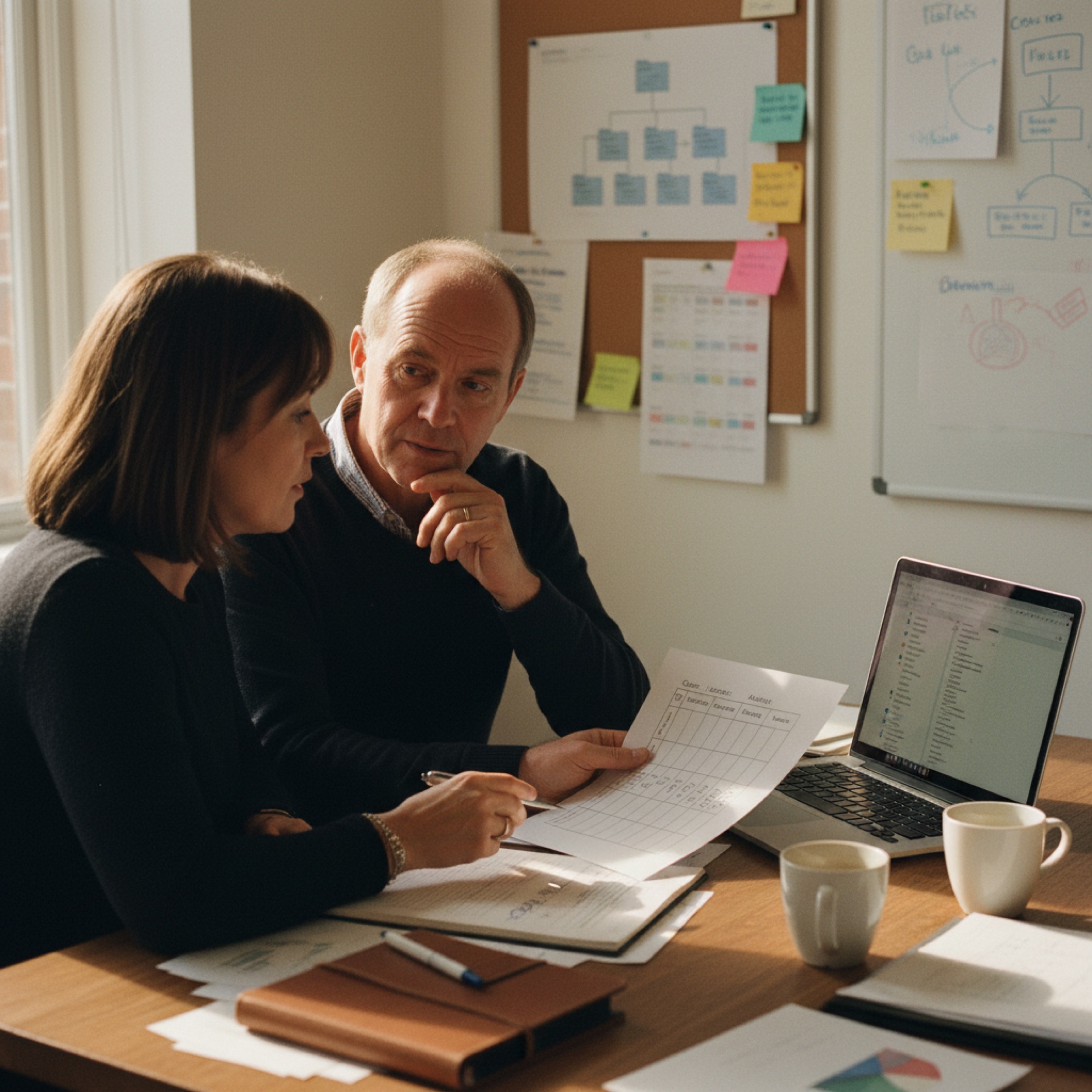 Two colleagues at a desk reviewing a folder structure on a laptop with a printed three-column tier list on the desk