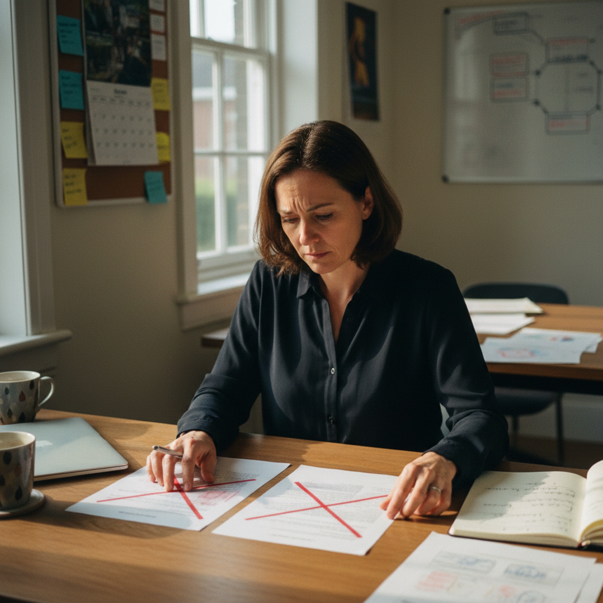A founder at a desk reading three printed pages, two of them marked up with red pen, a closed laptop beside her
