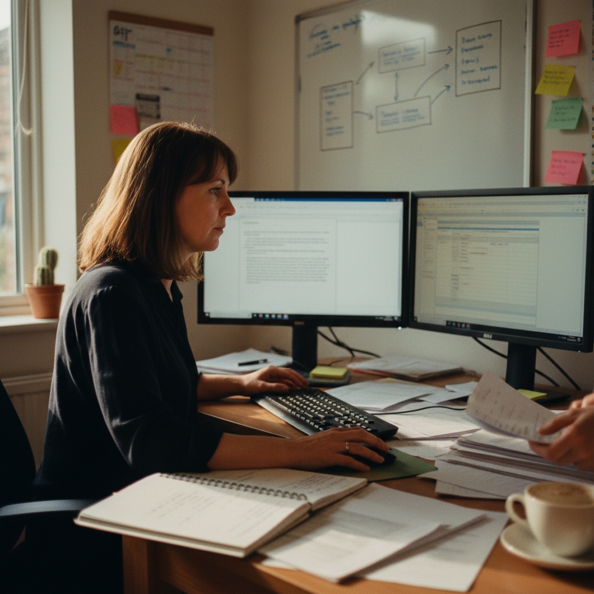 A woman pausing at her desk, reading back an email on screen before clicking send