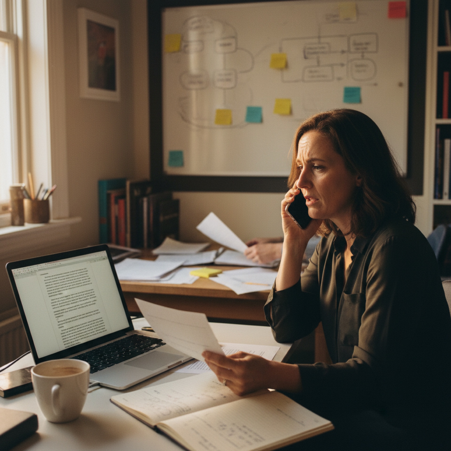 A founder at her desk reading a printed page whilst on the phone, laptop open in front of her, mid-afternoon light