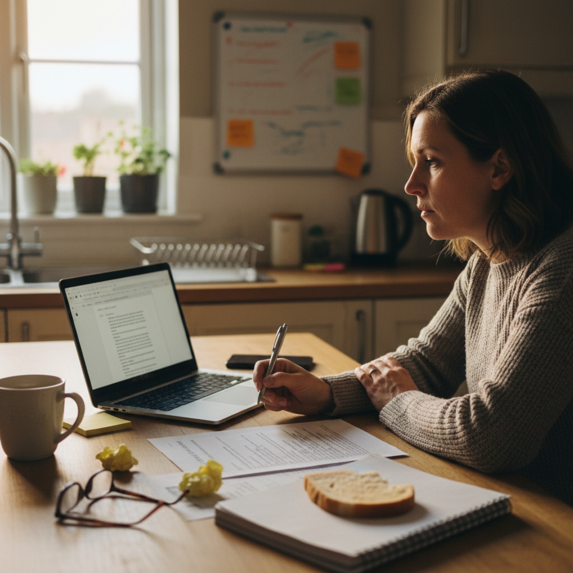 A woman at a kitchen table reading a printed email with a pen in her hand, coffee mug beside her, thoughtful expression.