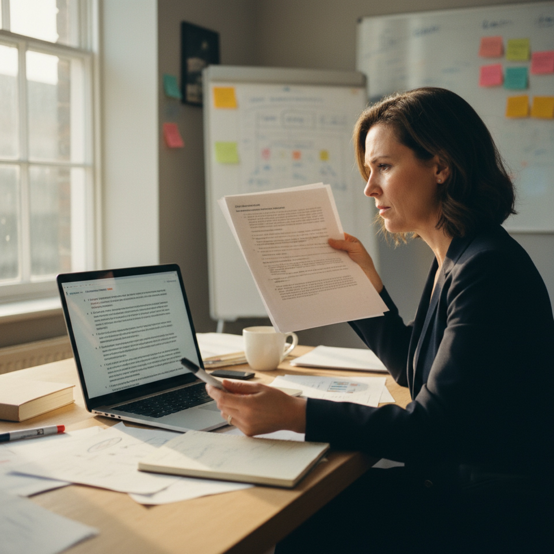 A business owner sitting at her desk comparing a printed customer-feedback document against an AI-generated summary on her laptop, holding a marker.