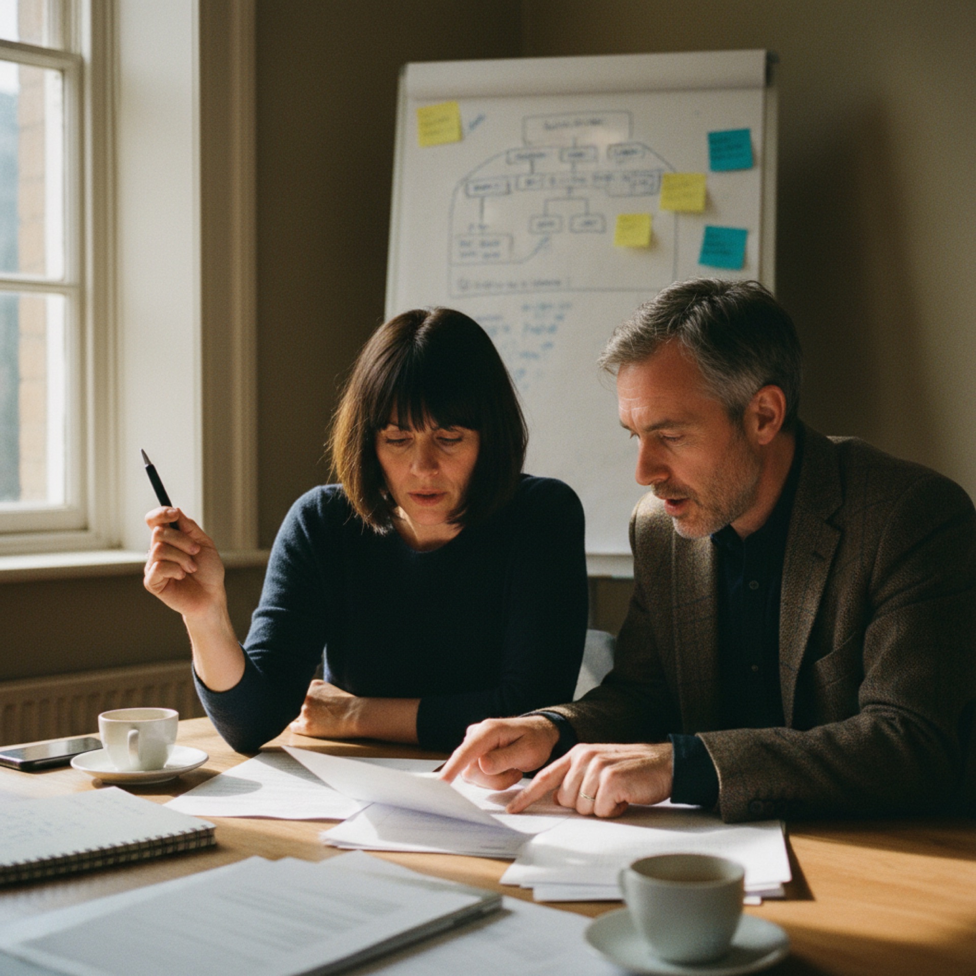 A founder and her operations director sitting across a meeting room table, reading a printed page of AI output between them