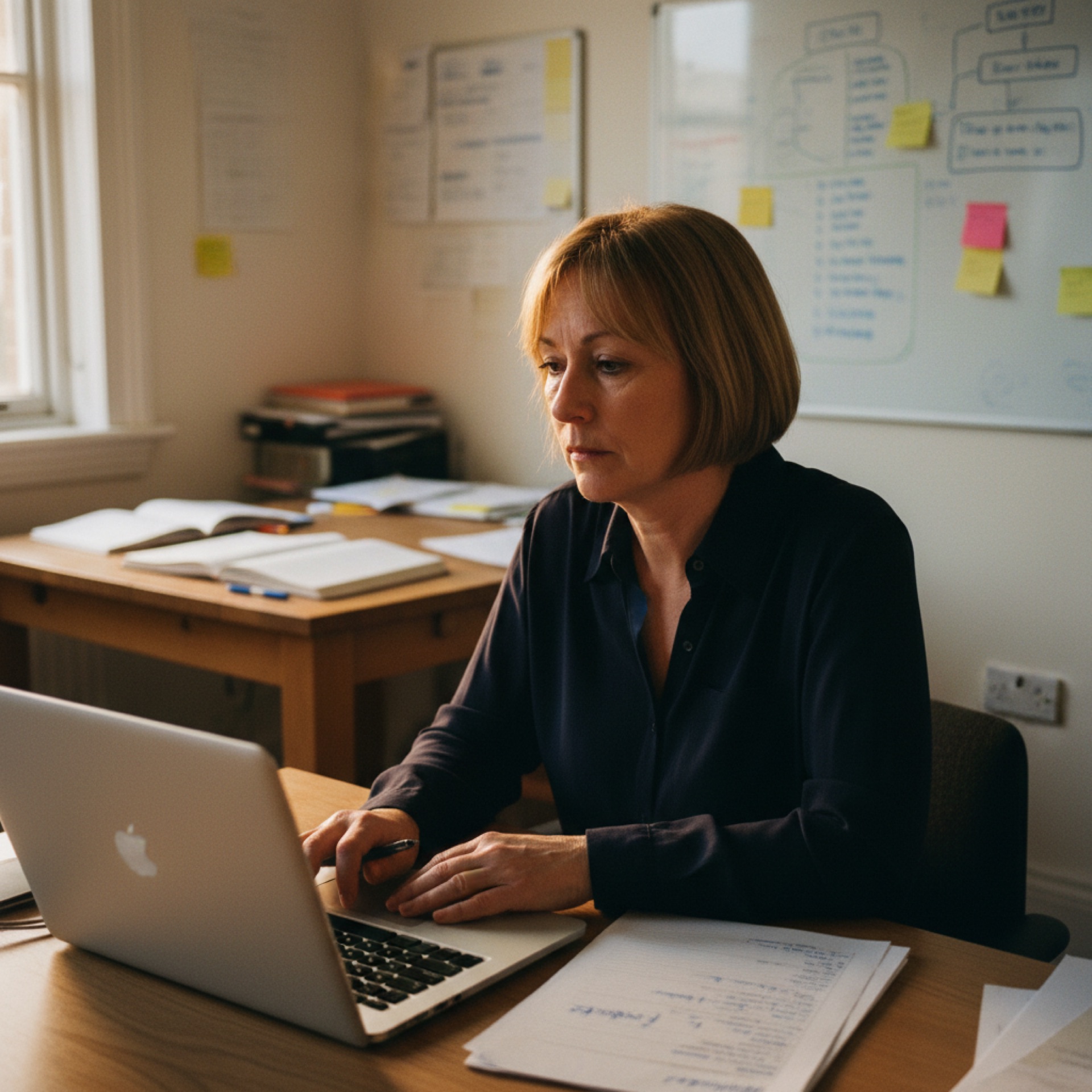 A woman pausing at her desk, looking past her laptop screen with a considered expression