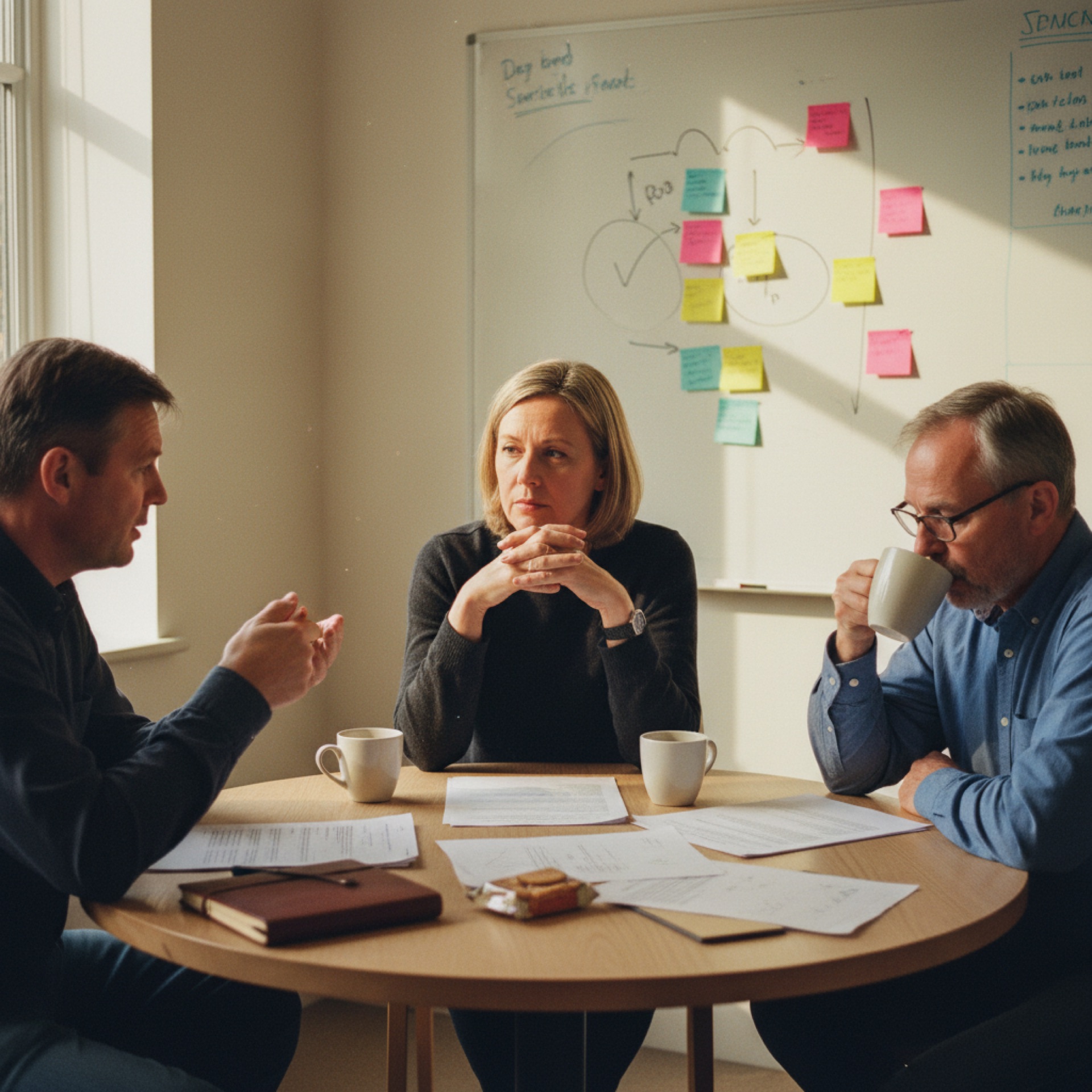 Three people sitting around a meeting table with printed pages and coffee mugs, reviewing notes together.
