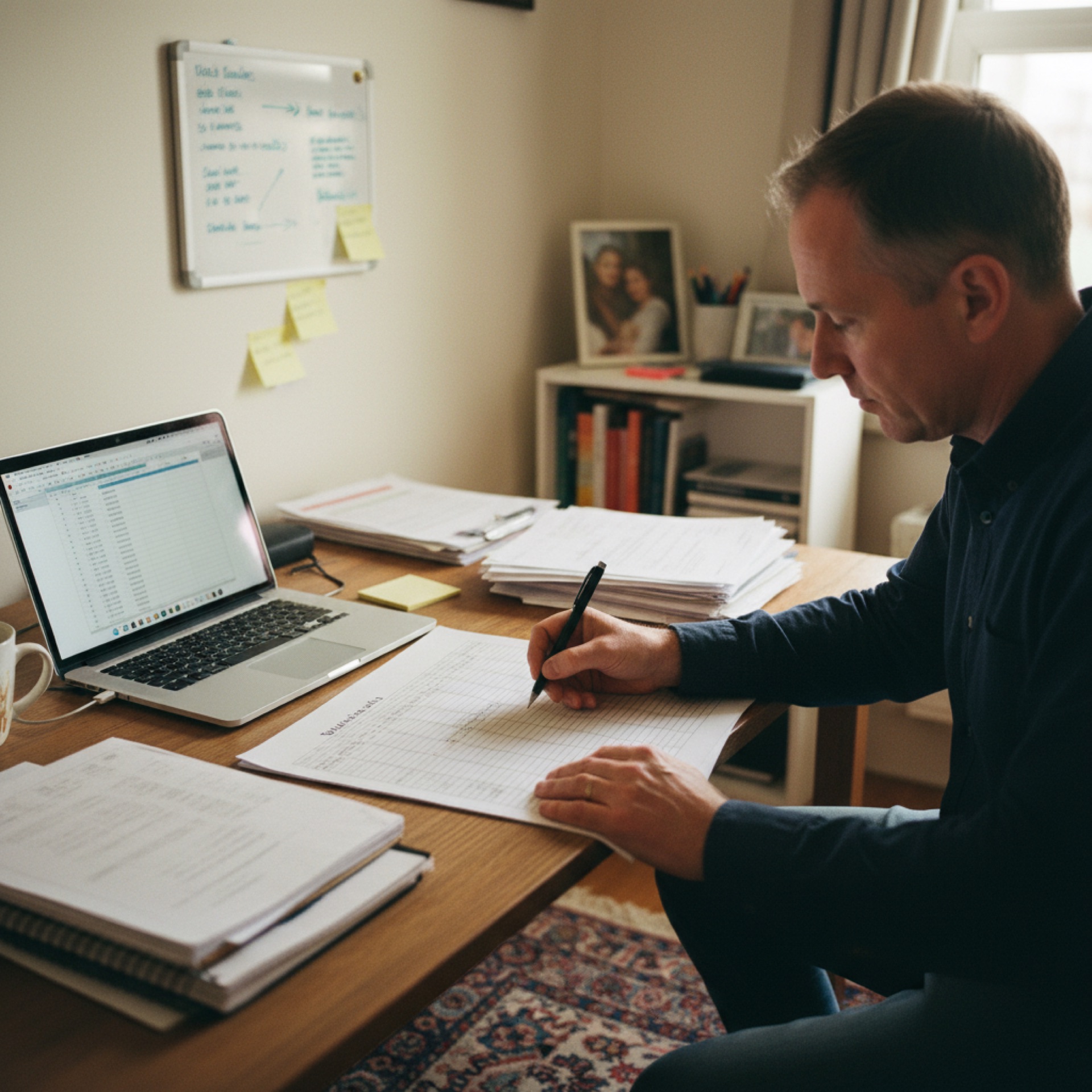 An owner-operator at a desk marking categories on a printed weekly schedule with a pen, a laptop open beside it.