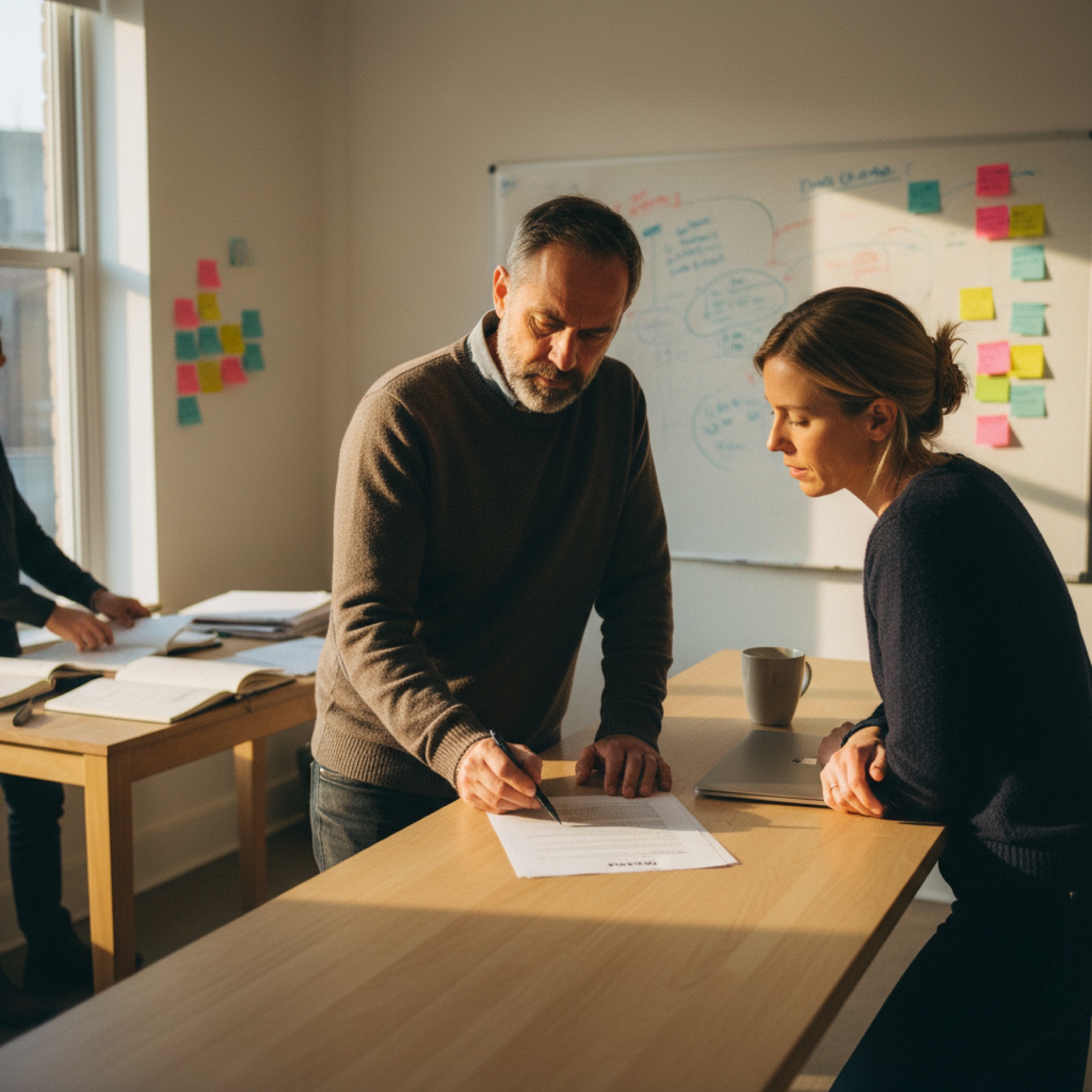 A founder and his communications lead standing at a high desk reading a printed press release between them