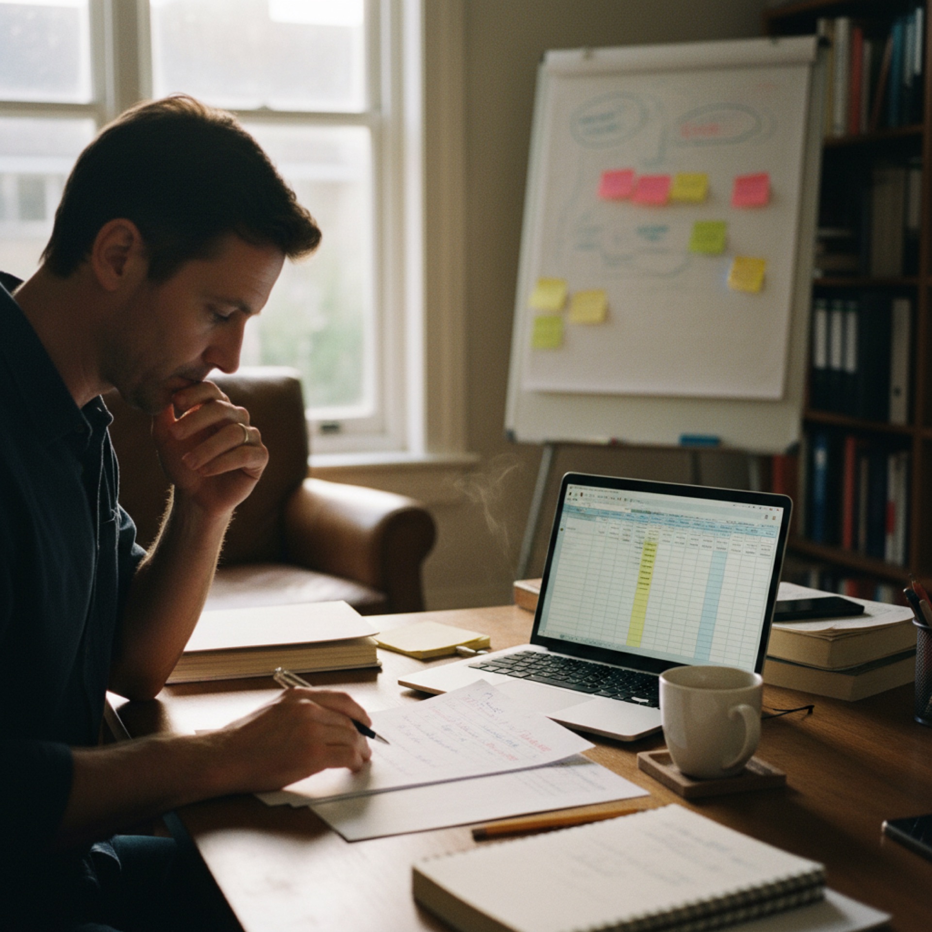 A founder at a desk reviewing a printed sheet of notes with a laptop open beside it showing a simple tracking spreadsheet.