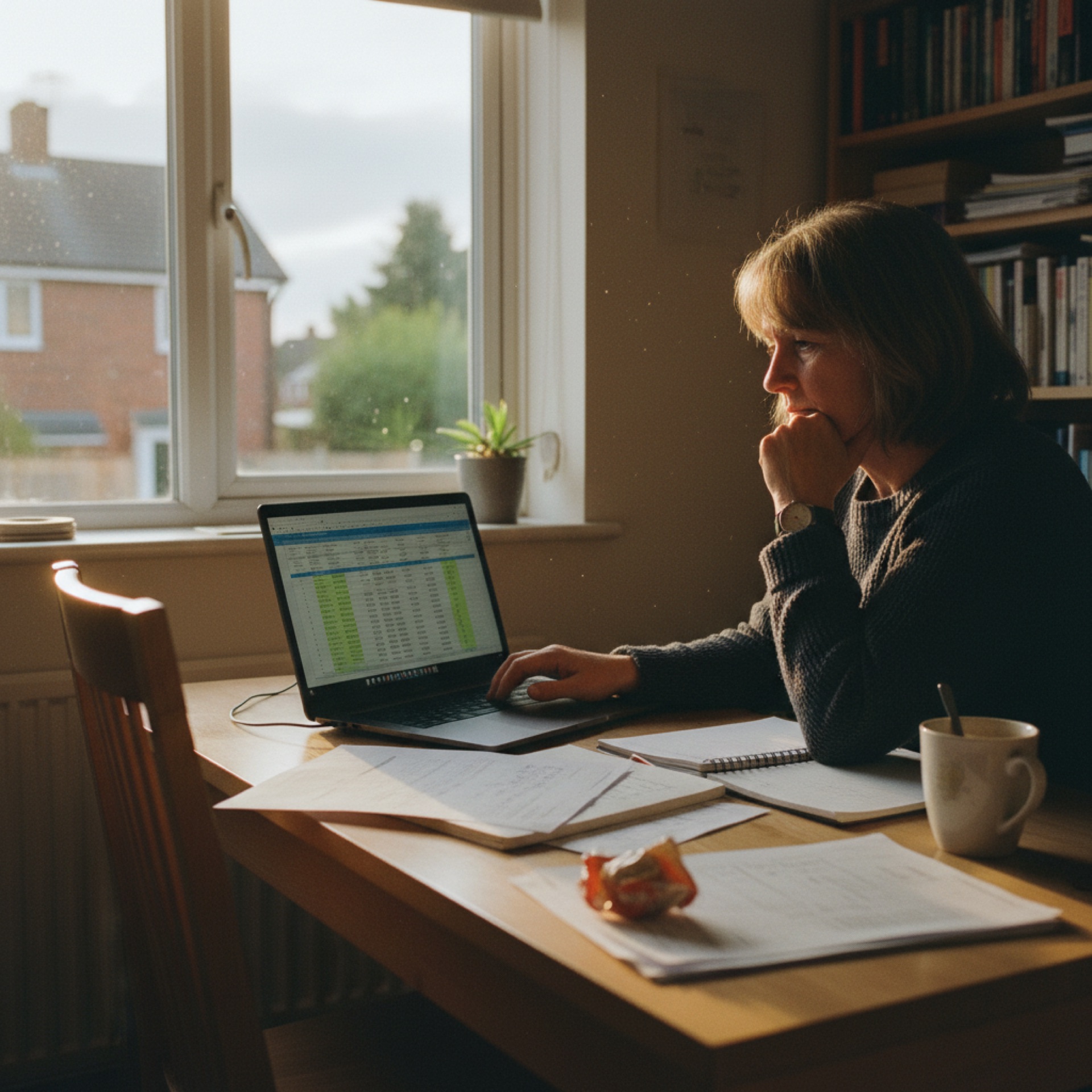 An owner sitting at a desk reviewing a spreadsheet on a laptop with handwritten notes beside it, working through margin numbers in natural daylight