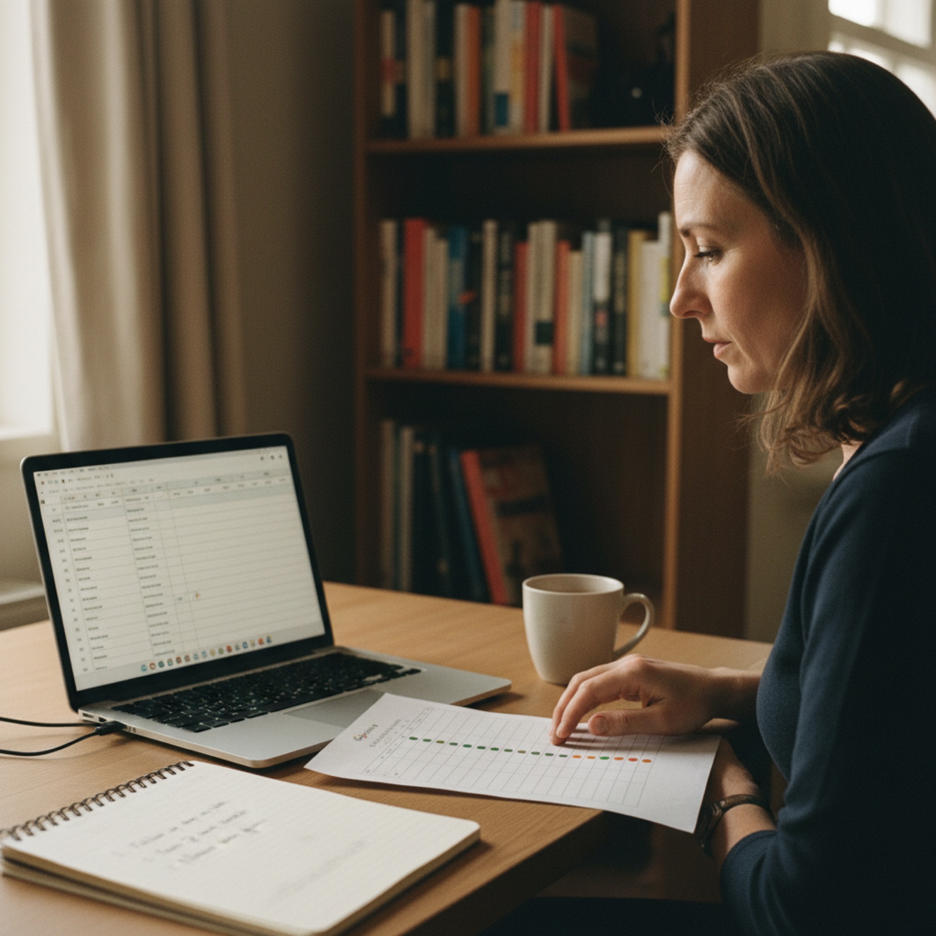 A founder at a home office desk updating an eight metric dashboard on a laptop and a printed copy with coloured status stickers, a mug of tea and a notebook of next actions beside her