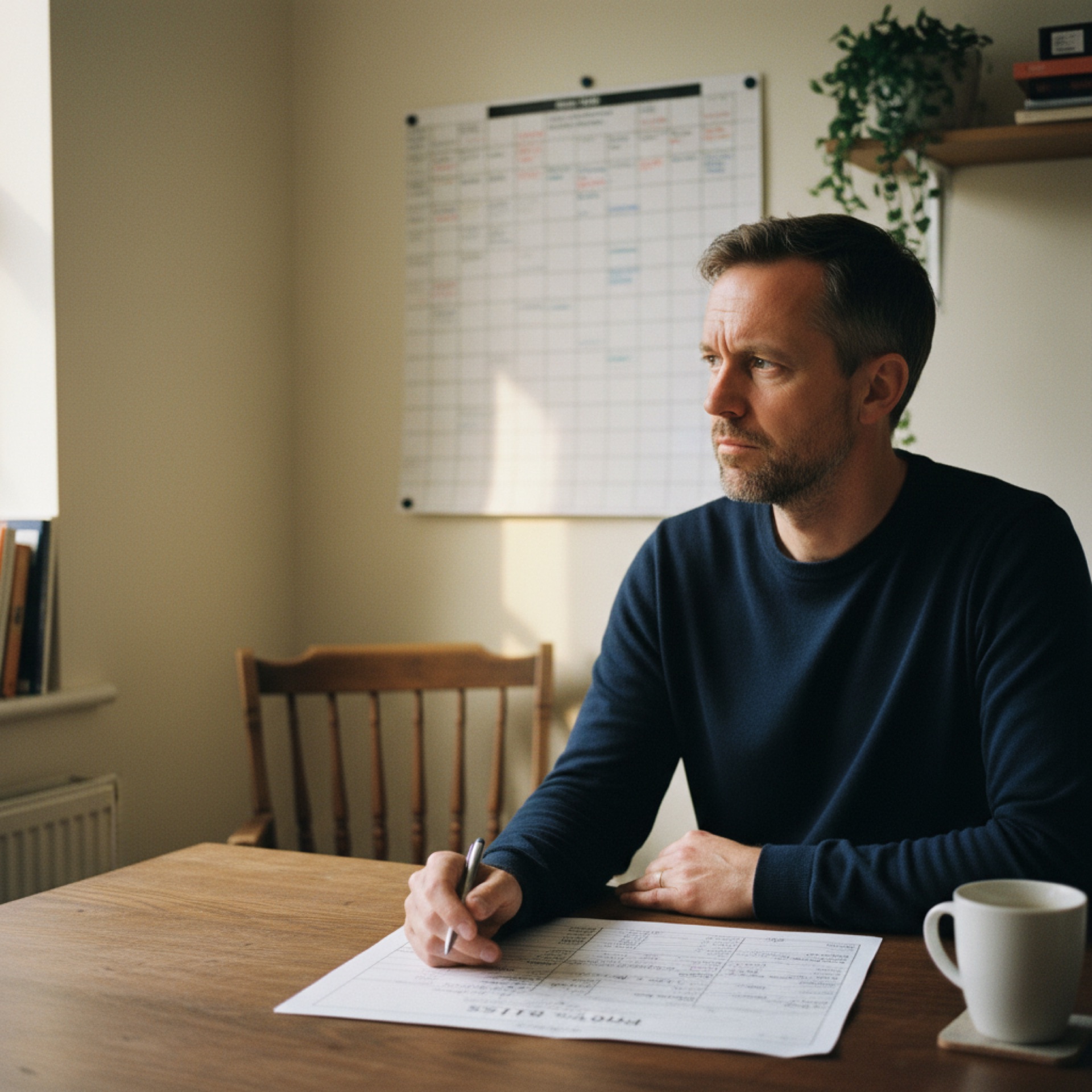 A founder at a desk with a printed profit and loss sheet, pen in hand, with a wall planner visible behind