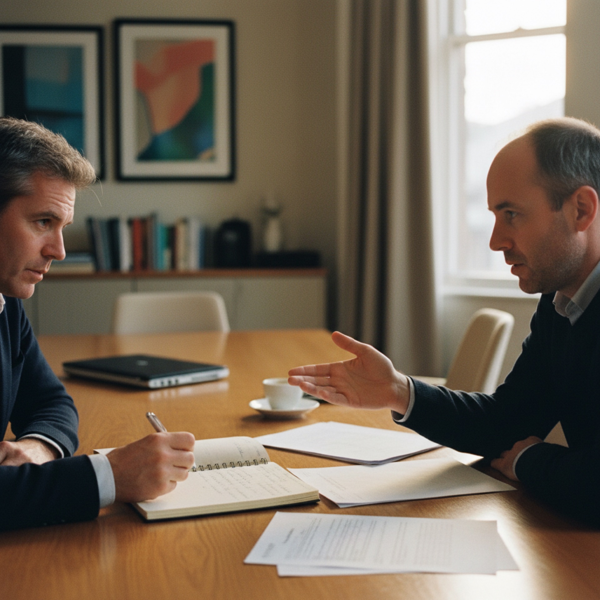 Two professionals sitting opposite each other in a meeting room discussing a fee proposal, with a notebook and pen on the table.