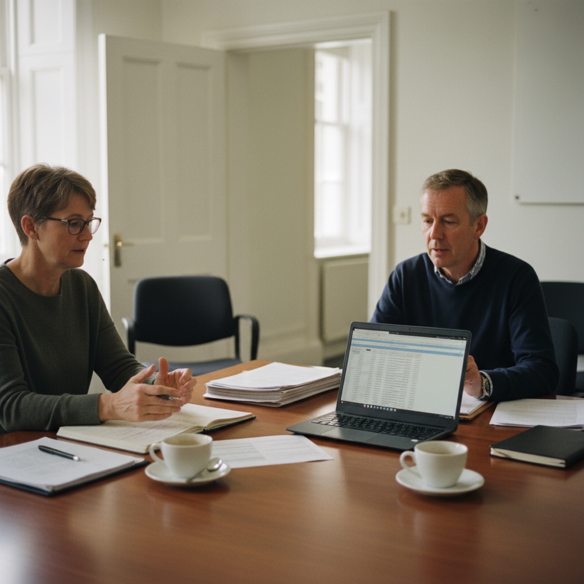 An owner-operator and a client sitting beside each other at a meeting table reviewing papers and a laptop.