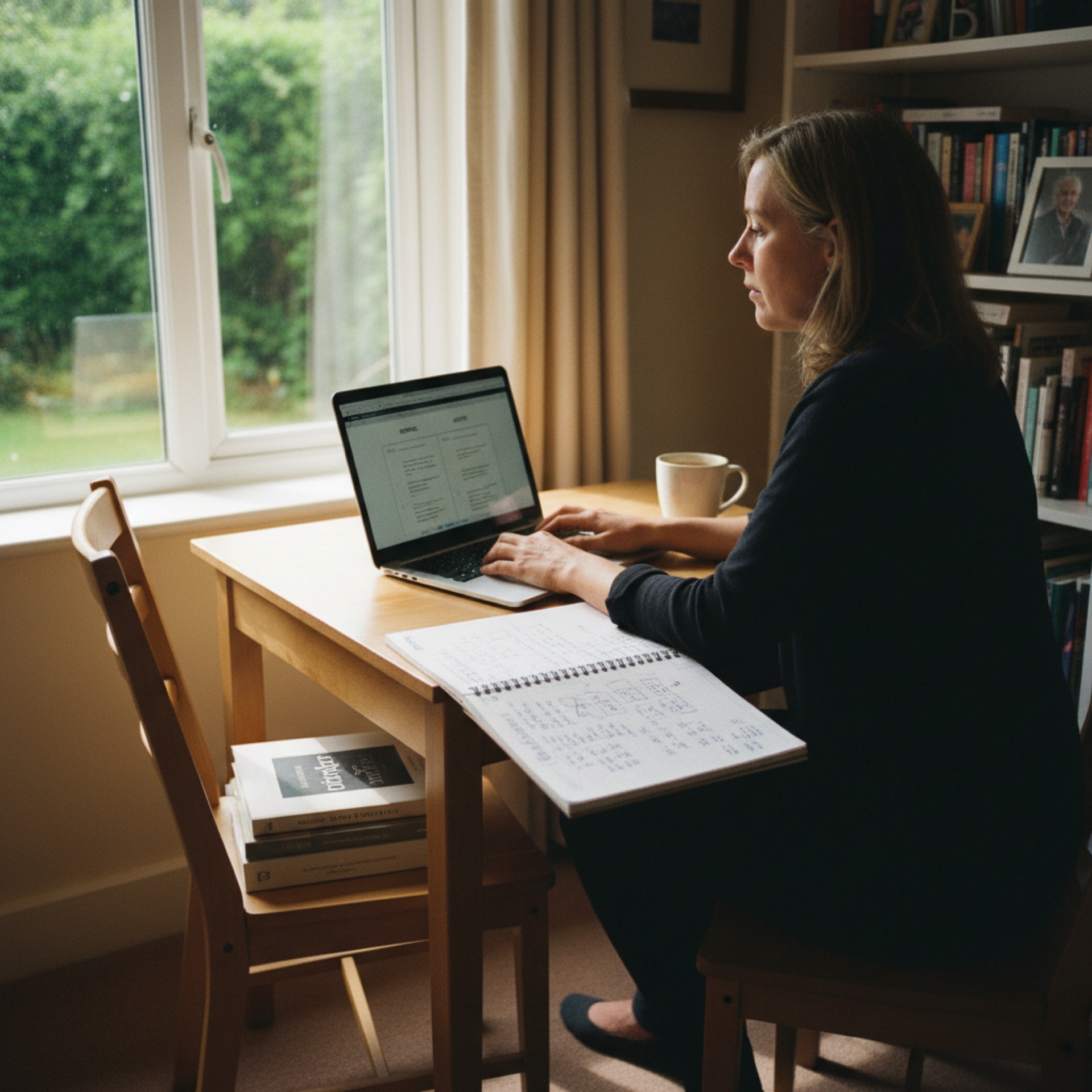 A woman at a desk comparing two columns of figures on a laptop with handwritten notes on a paper notebook beside her, working through a quarterly margin review in natural daylight