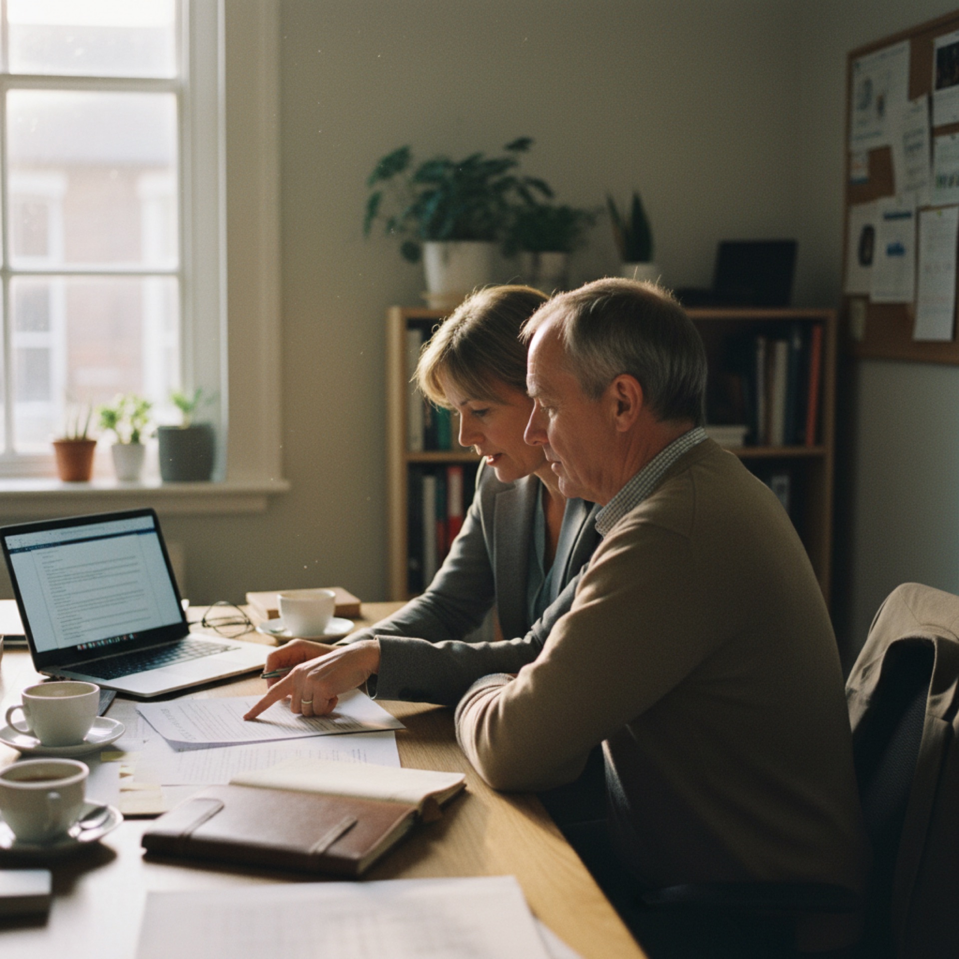 Two people at a desk reviewing a printed document together, one pointing at a paragraph on the page with a laptop open beside them in natural daylight