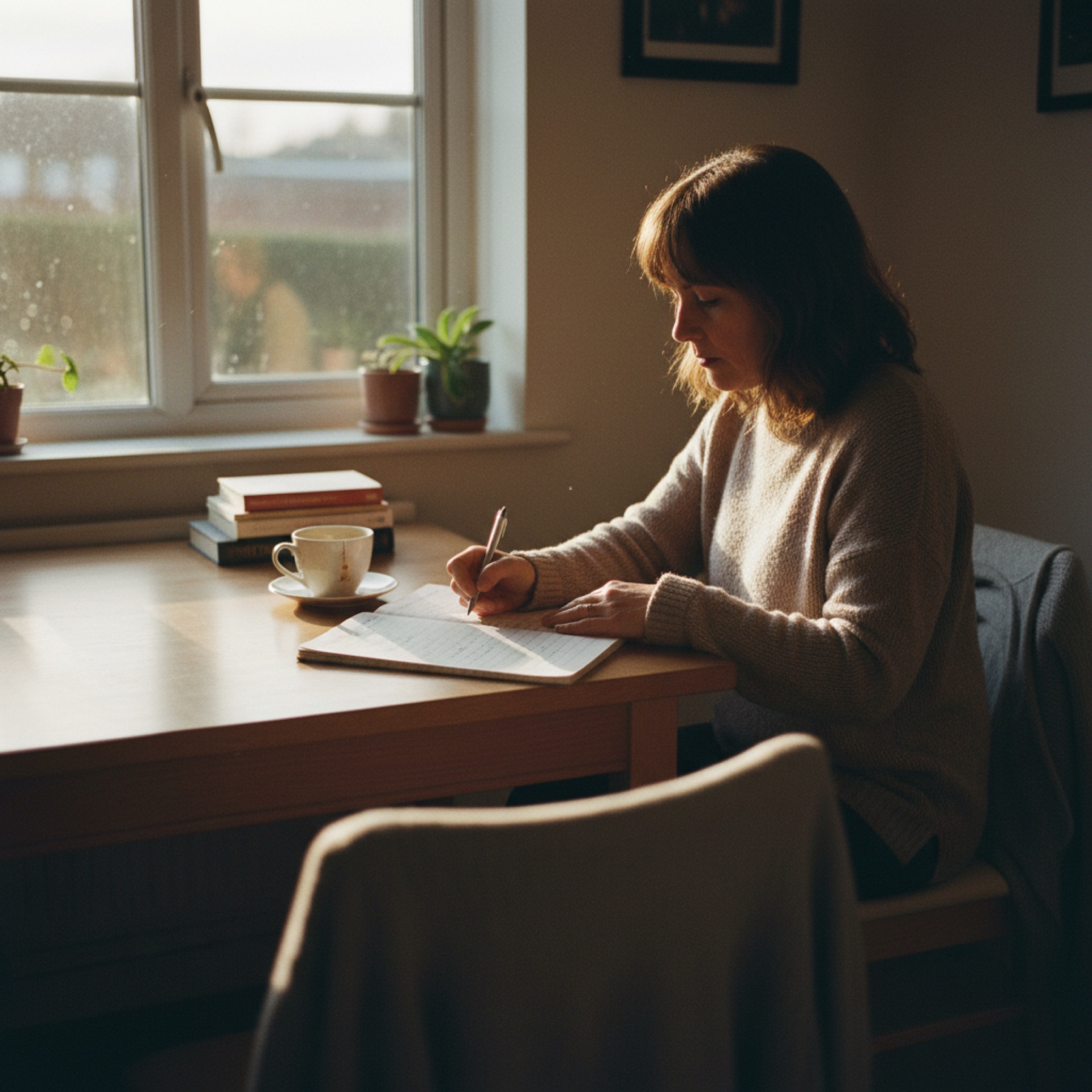 An owner-operator sat at a quiet table working through a handwritten list of clients with a pen and notepad, a cup of tea beside her, natural afternoon light from a side window