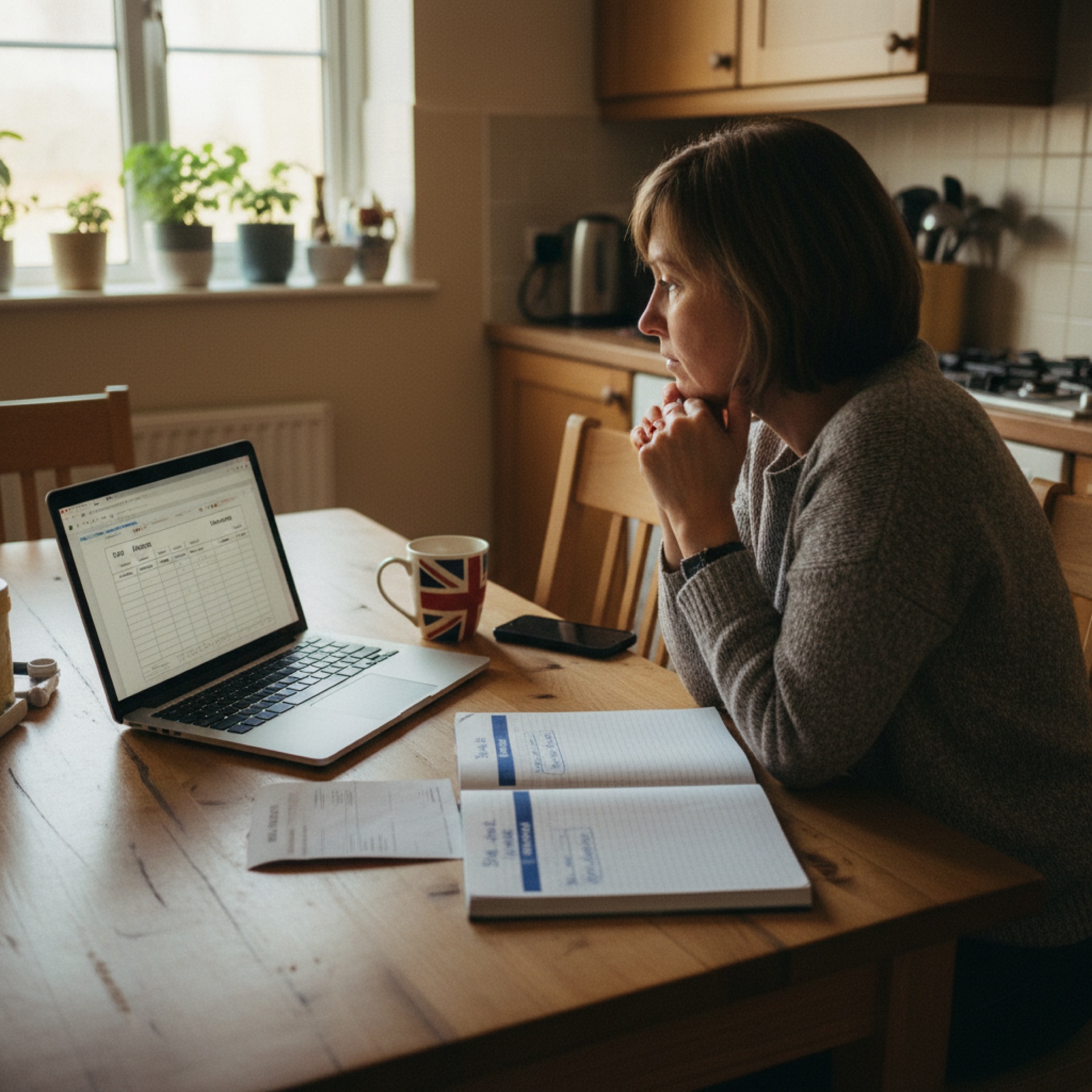 A woman at a kitchen table with a laptop open to a capacity spreadsheet and a handwritten notebook with staff hours and AI tooling columns, working through a quarterly capacity plan in natural daylight