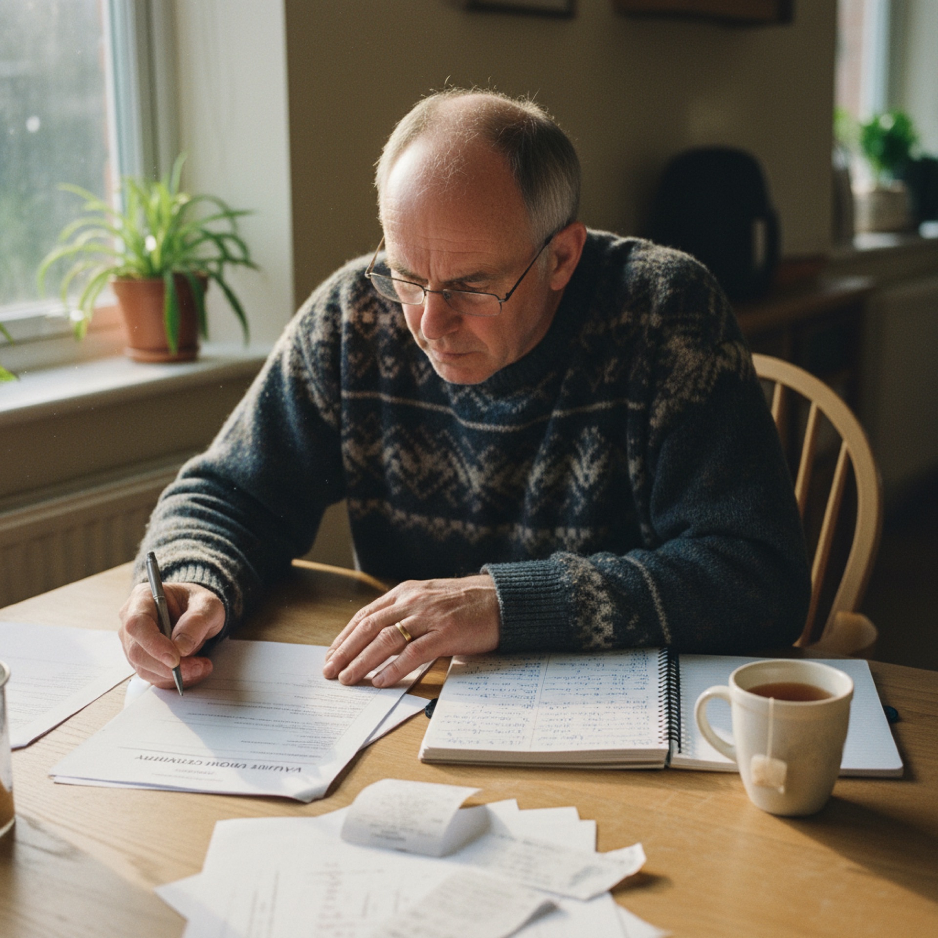 An owner-operator at a kitchen table reviewing a printed valuation summary, working through the figures by hand with a notebook beside them, papers ordered, soft daylight from a side window