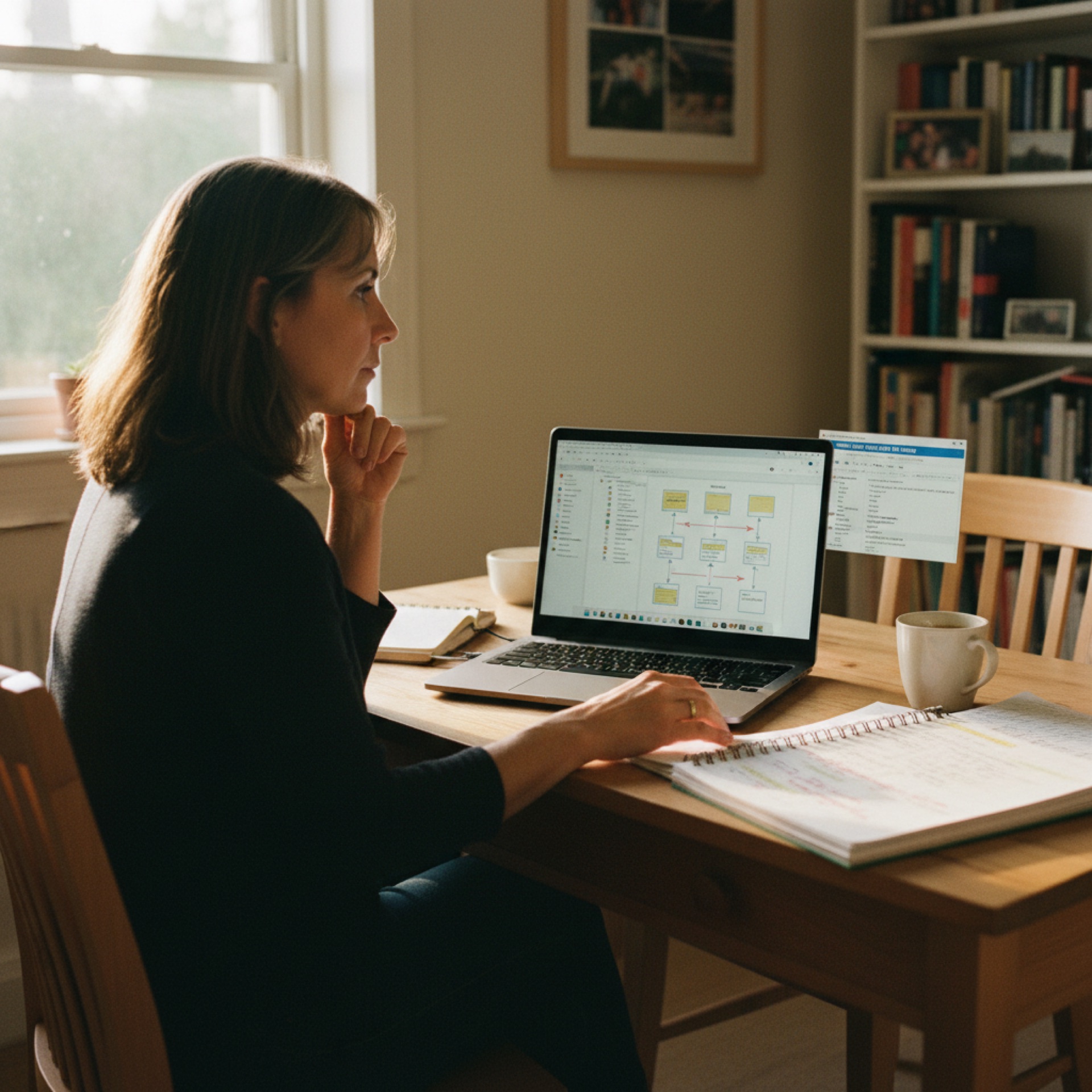 An owner sitting at a desk reviewing AI workflow documentation on a laptop with a printed asset register and handwritten notes alongside, working through her firm's prompt and workflow catalogue in natural light