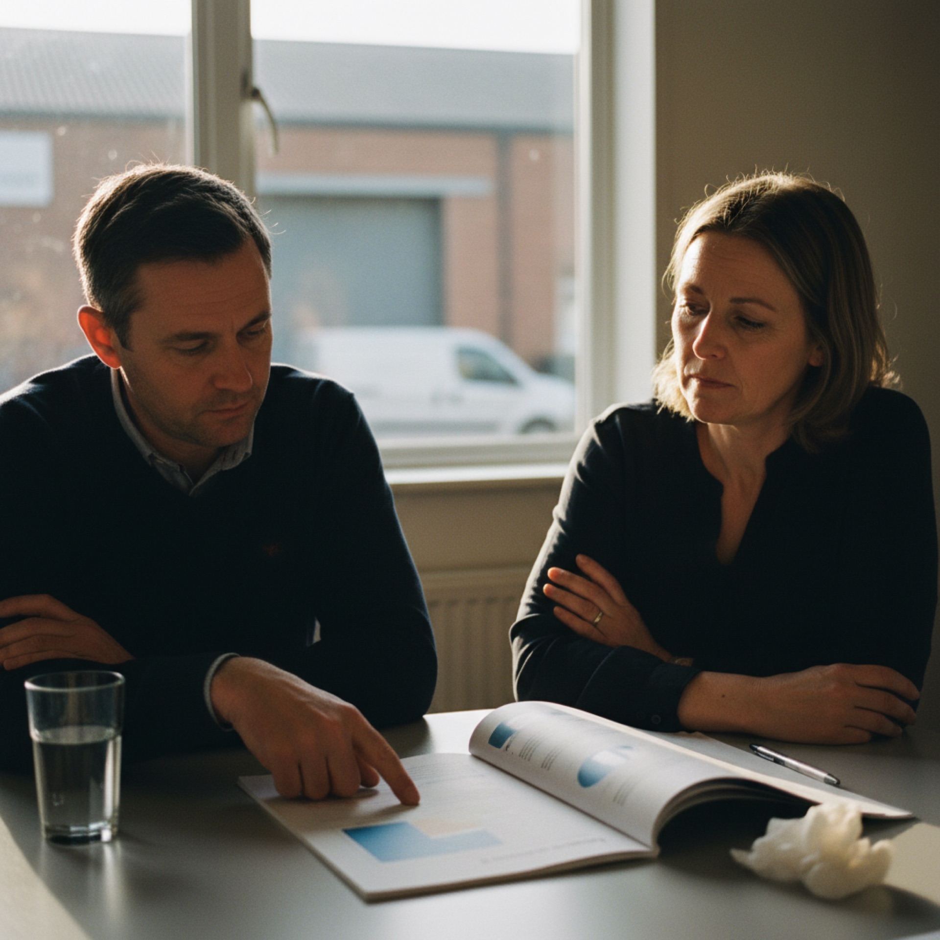 An owner-operator reviewing a printed AI case-study deck across a meeting room table with a vendor account manager mid-conversation