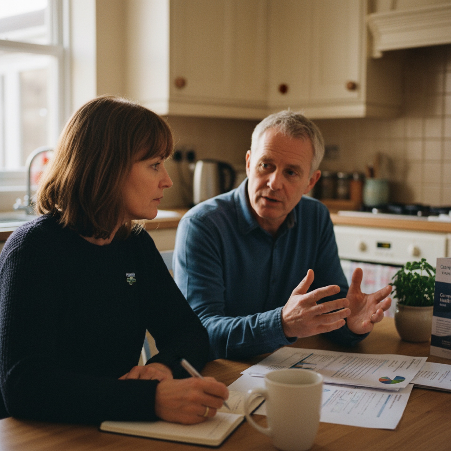 A woman at a kitchen table holding a printed report while a man across from her speaks, both mid-conversation.