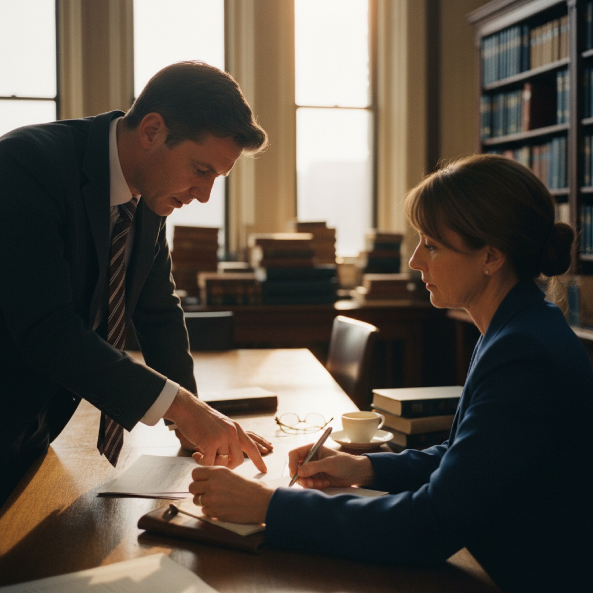 Two professionals reviewing a printed document together at a meeting room table with afternoon light through tall windows