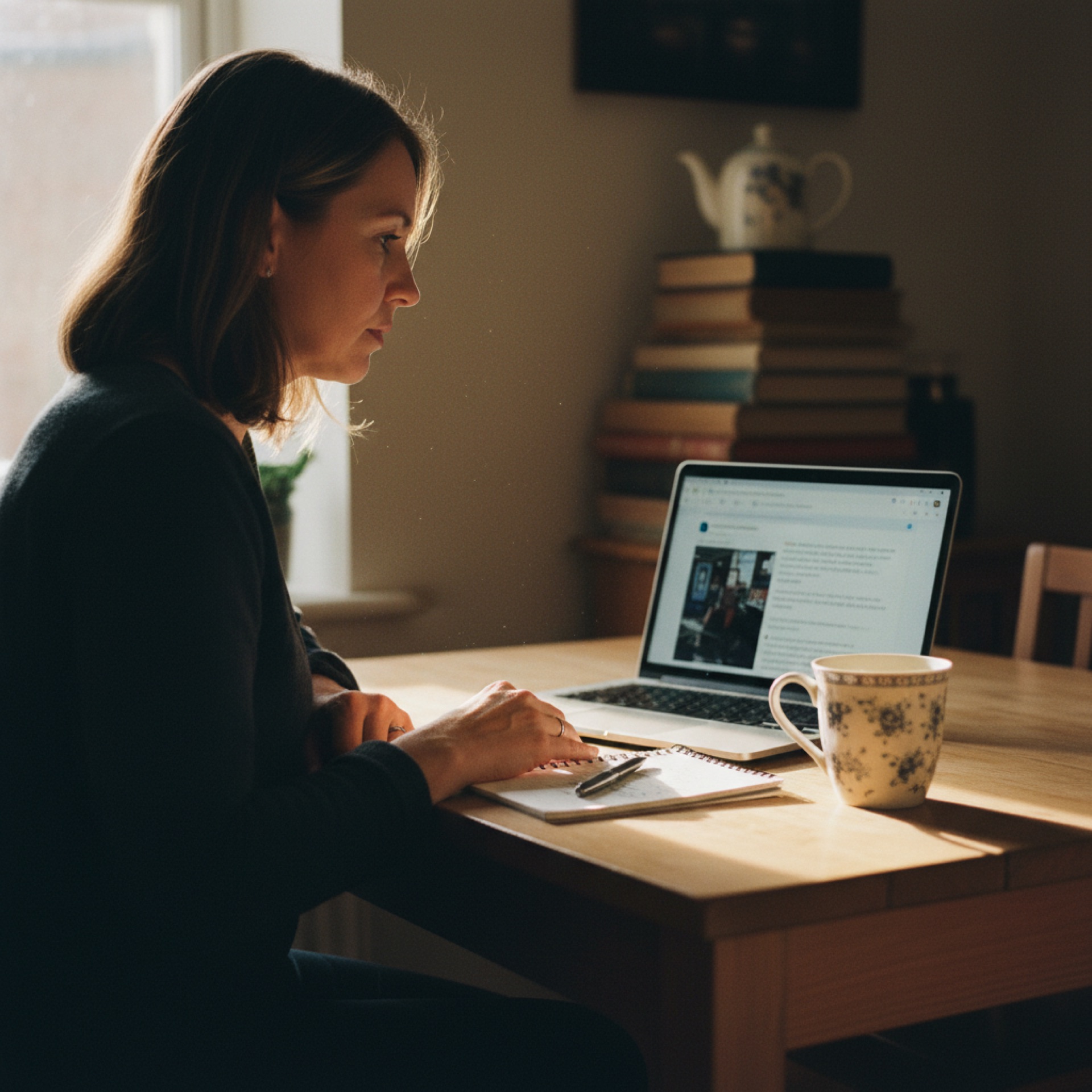 A woman at a kitchen table in the early evening with a laptop open showing an article and a handwritten notepad with three bullet points in front of her, a mug of tea beside the notepad, natural warm window light