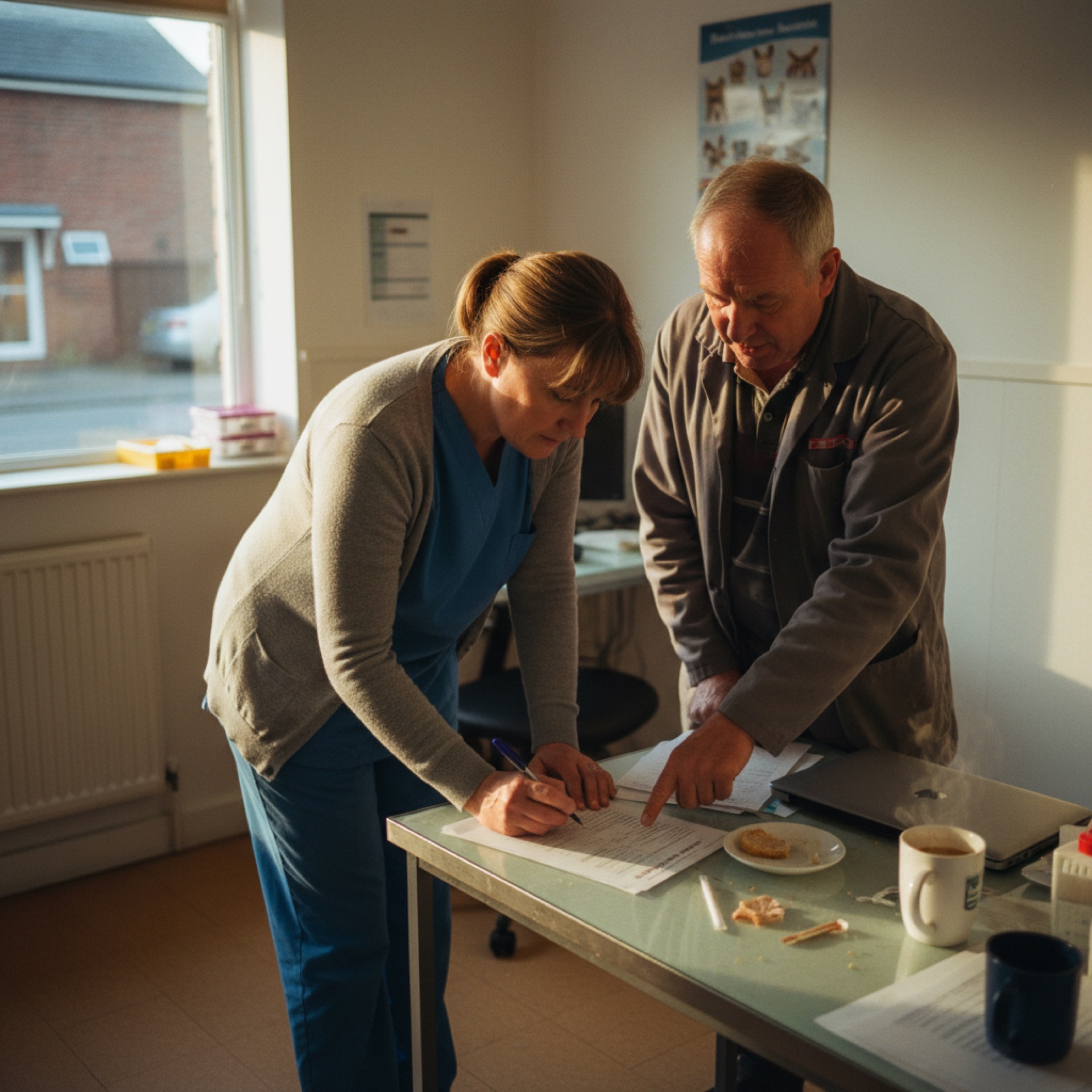 Two people leaning over a paper printout on a small table in a back-office room, one writing in pen, the other watching, late afternoon light