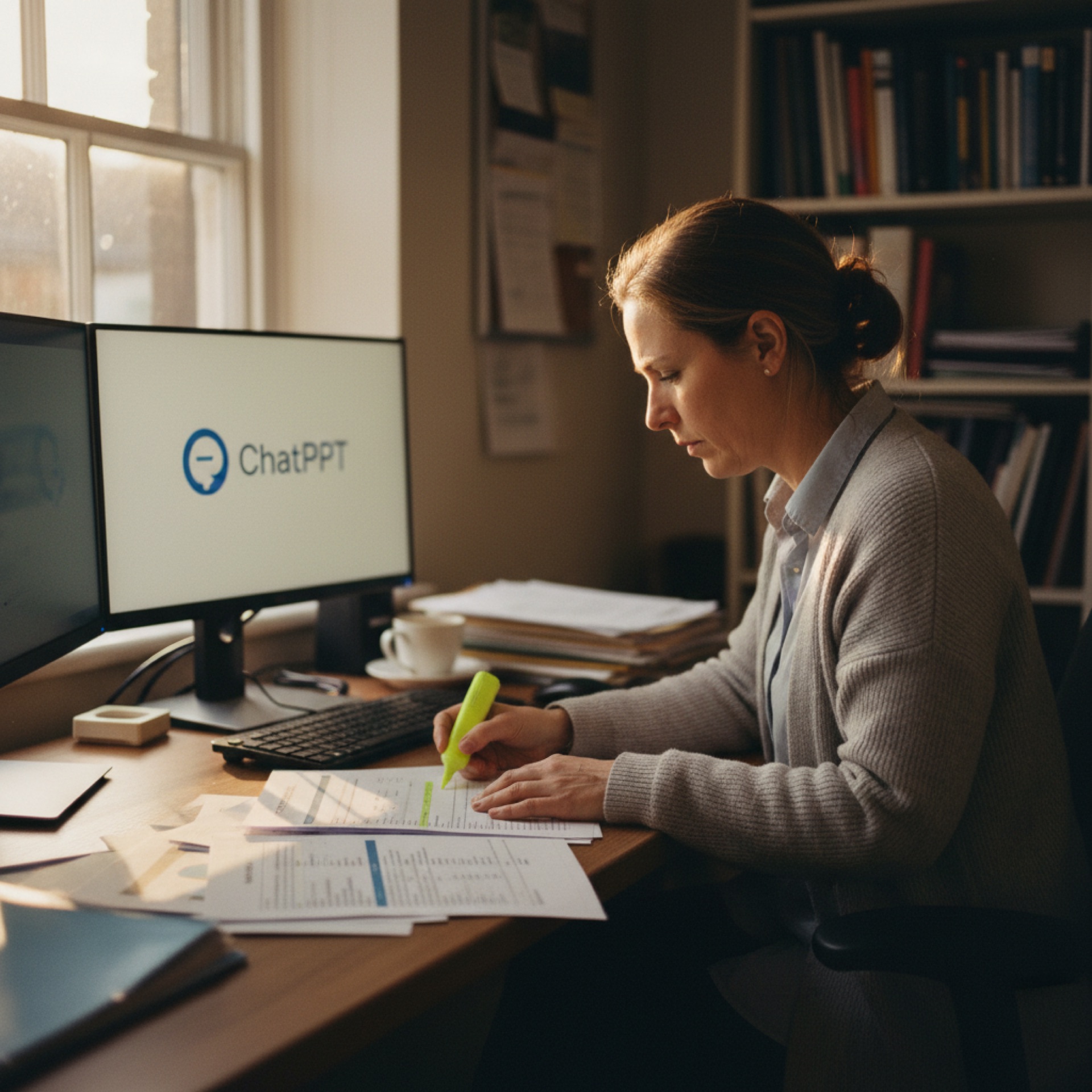 An owner-manager reviewing a printed client report with a highlighter, a laptop showing a chatbot interface beside her