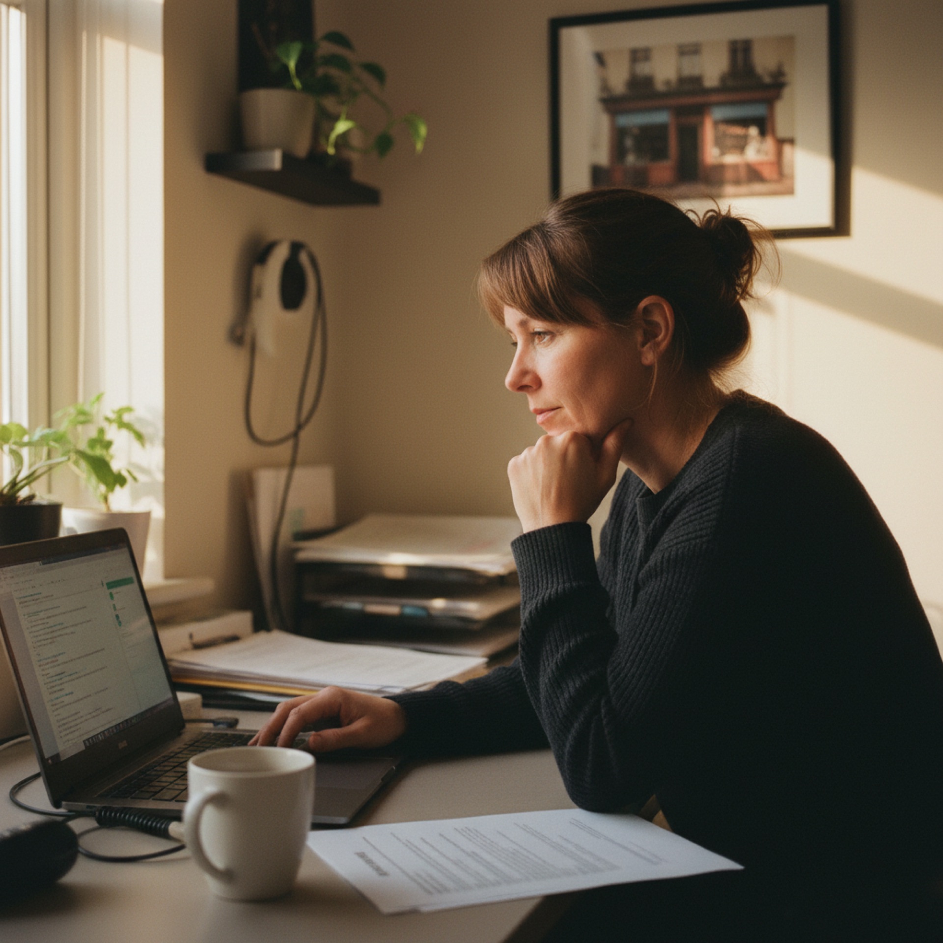 An owner-operator at her desk reviewing a chatbot transcript on a laptop with a printed contract page beside it